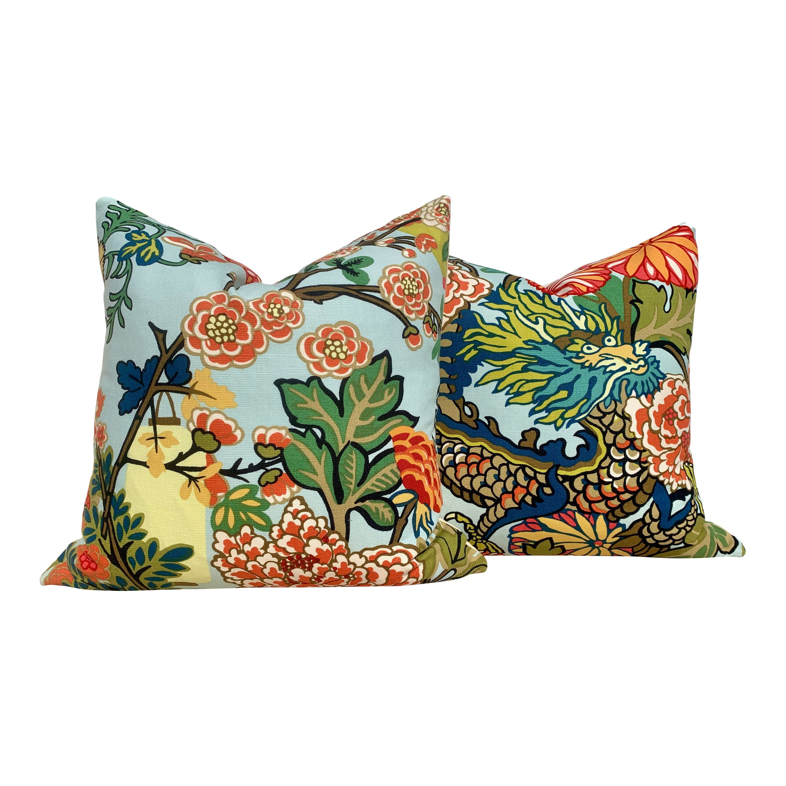 Schumacher Chang Mai Dragon Pillow in Aquamarine. Chinoiserie Accent Lumbar Linen Pillow, Aqua Blue Dragon Cushion Cover, Animal Print Decor