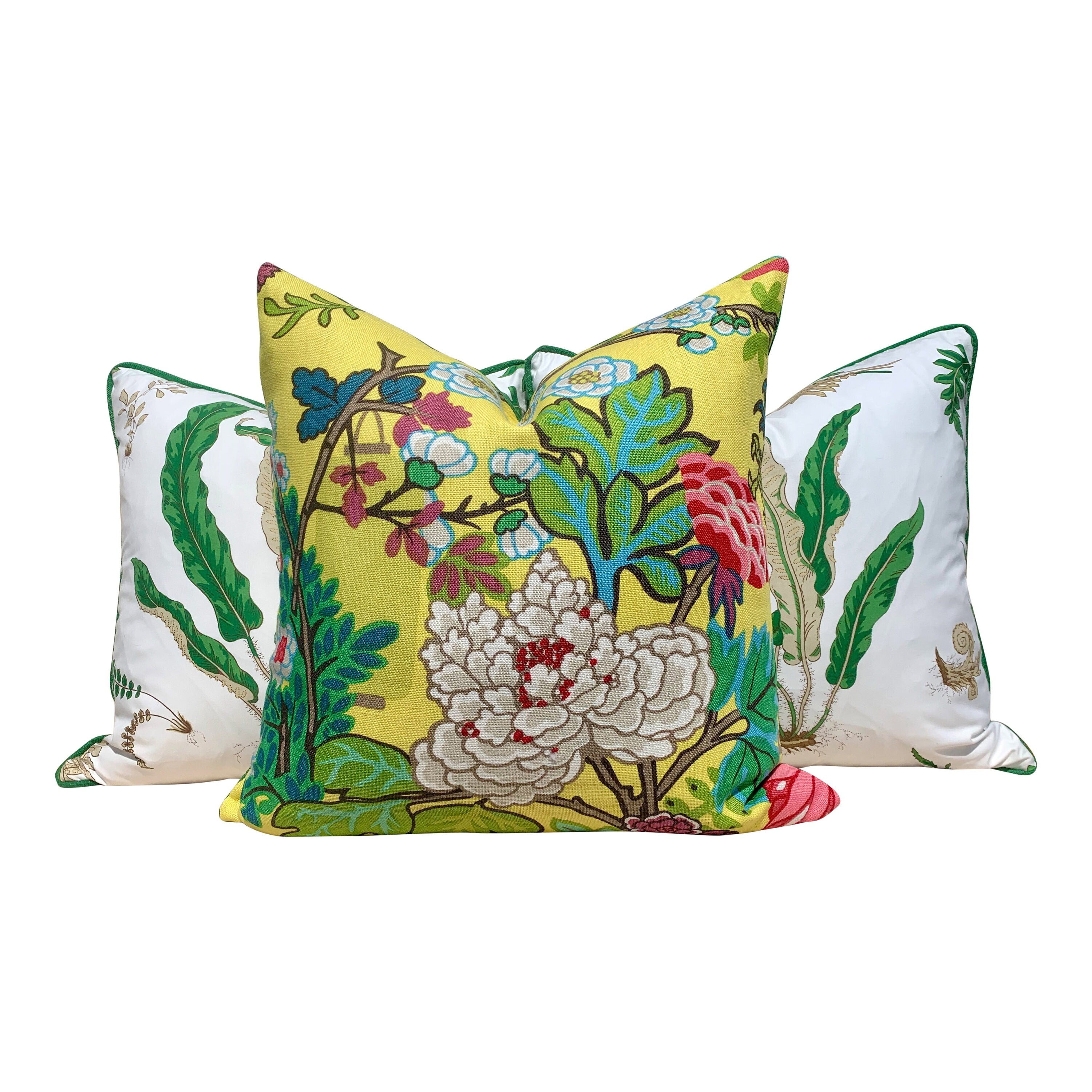 Schumacher Chang Mai Dragon Pillow in Yellow. Decorative Floral Asian Lumbar Linen Pillow in Yellow.