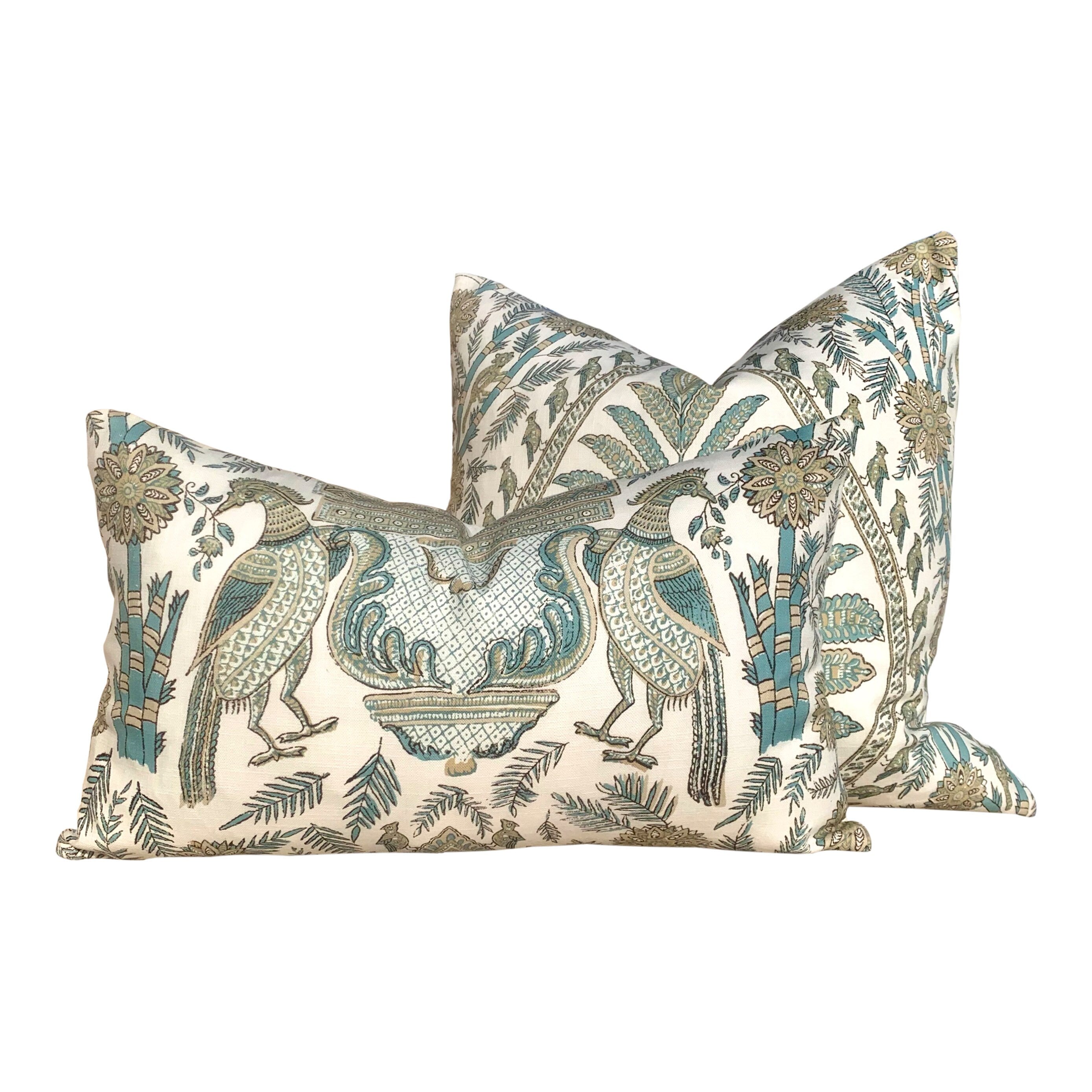 Thibaut Palampore Pillow in Spa and Tan. Lumbar Decorative Bird Pillow.
