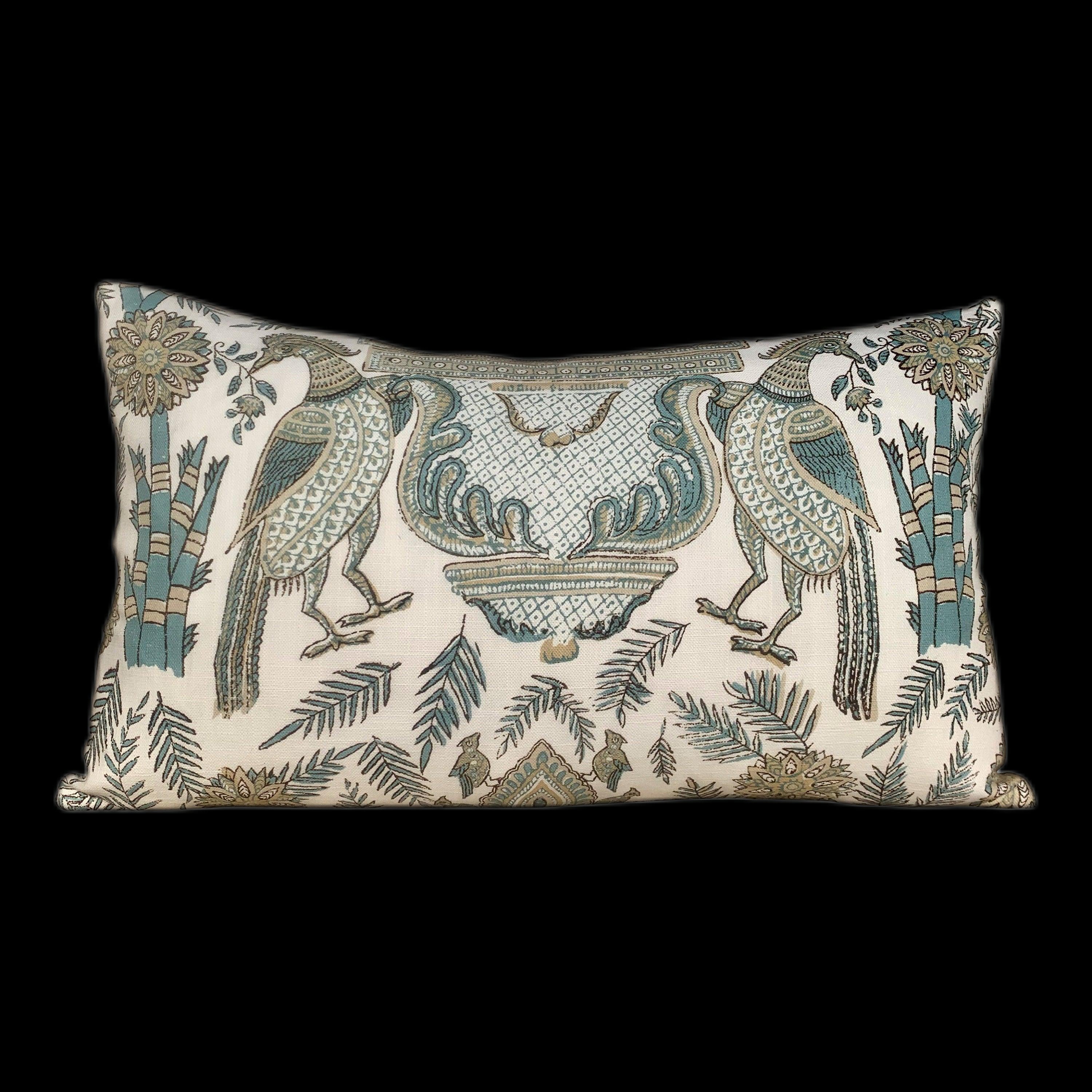 Thibaut Palampore Bird Lumbar Pillow in Teal and Tan. Decorative Lumbar Pillow.
