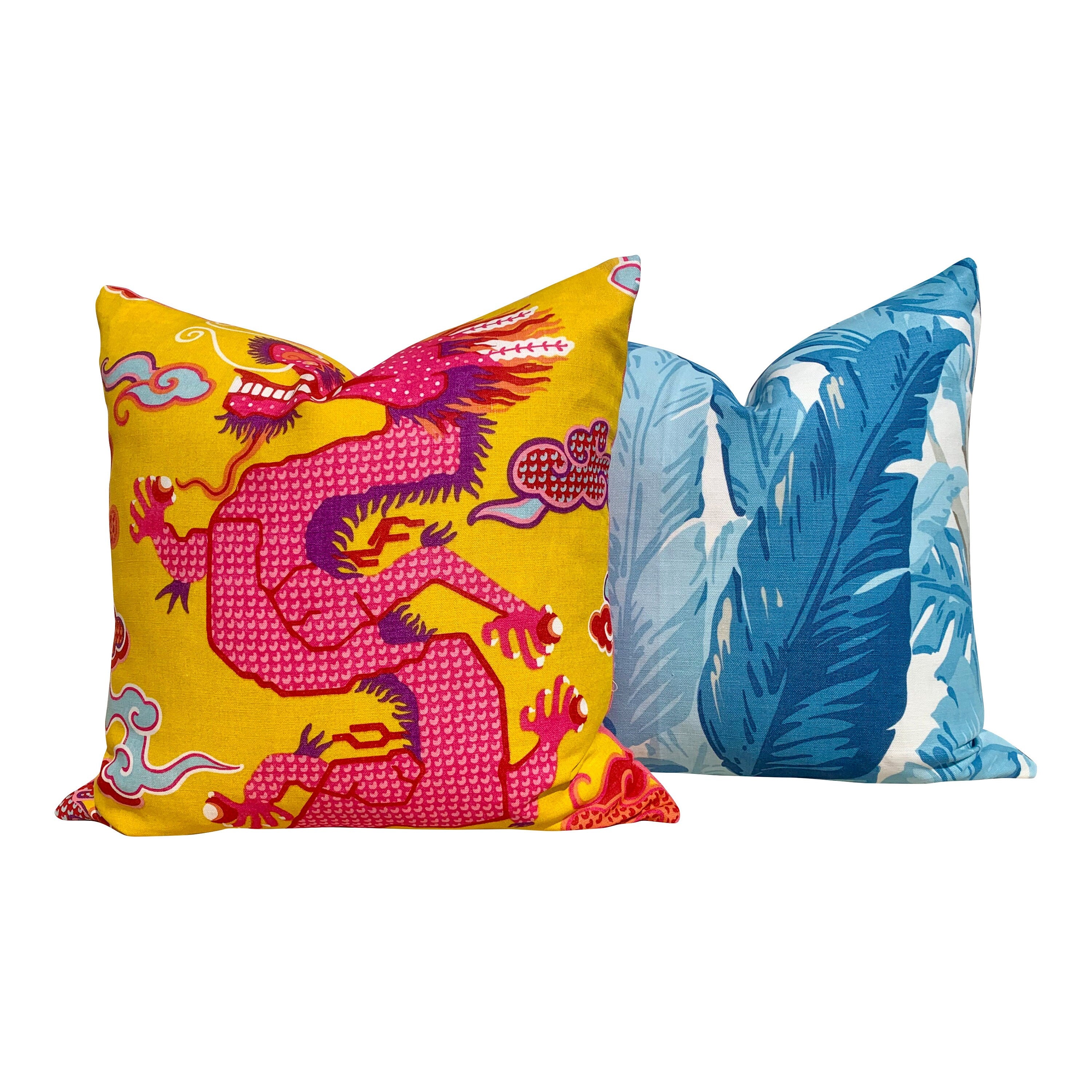 Schumacher Magical Ming Dragon Pillow in Hot Pink and Yellow. Accent Chinoiserie Pillow.