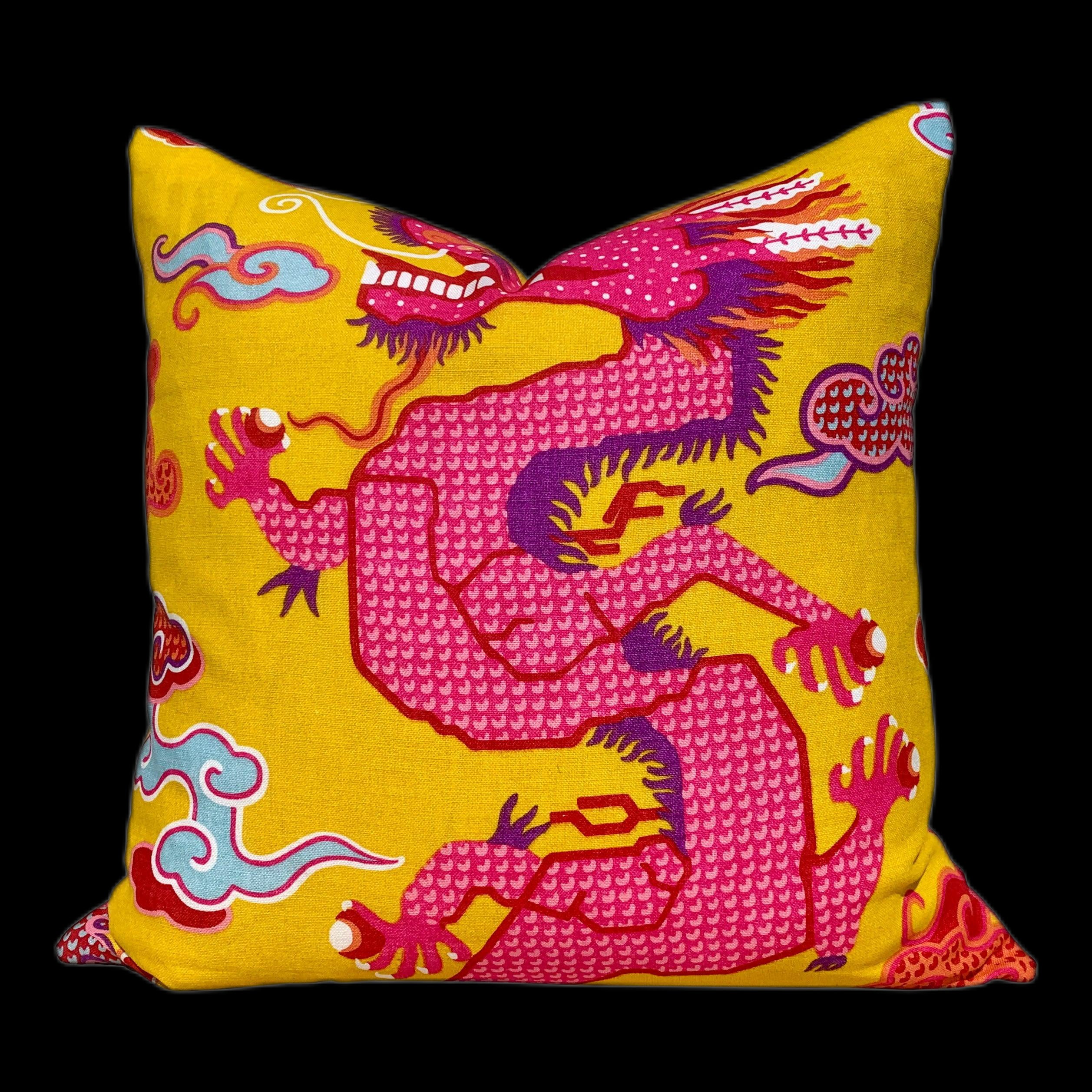 Schumacher Magical Ming Dragon Pillow in Hot Pink and Yellow. Accent Chinoiserie Pillow.