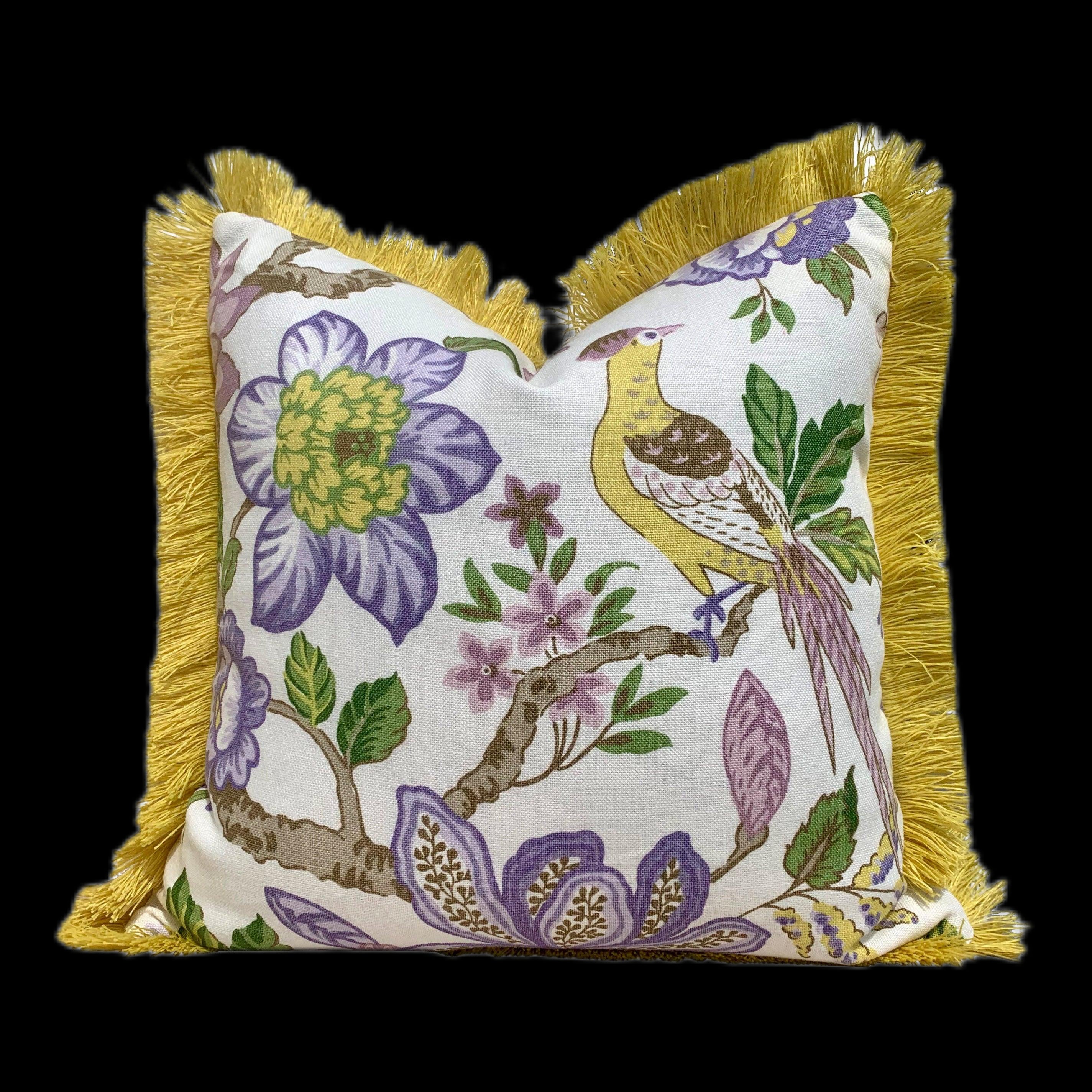 Schumacher Huntington Garden Pillow in Lilac. Decorative lumbar Pillow in Yellow.