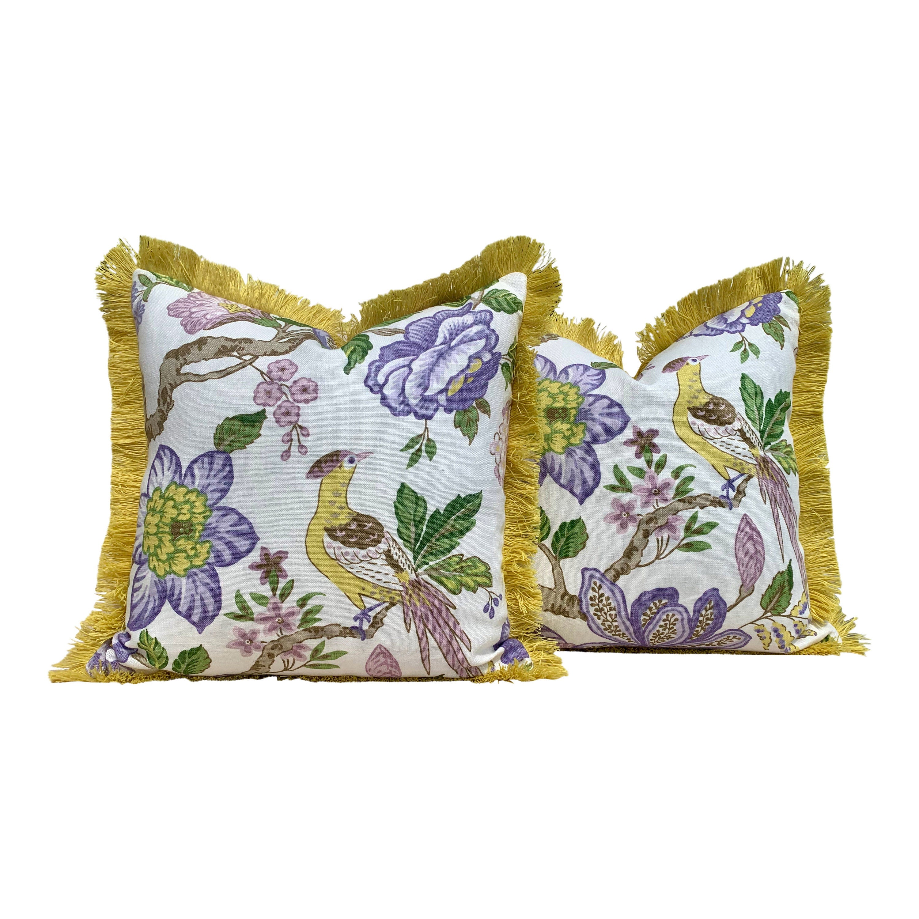 Schumacher Huntington Garden Pillow in Lilac. Decorative lumbar Pillow in Yellow.