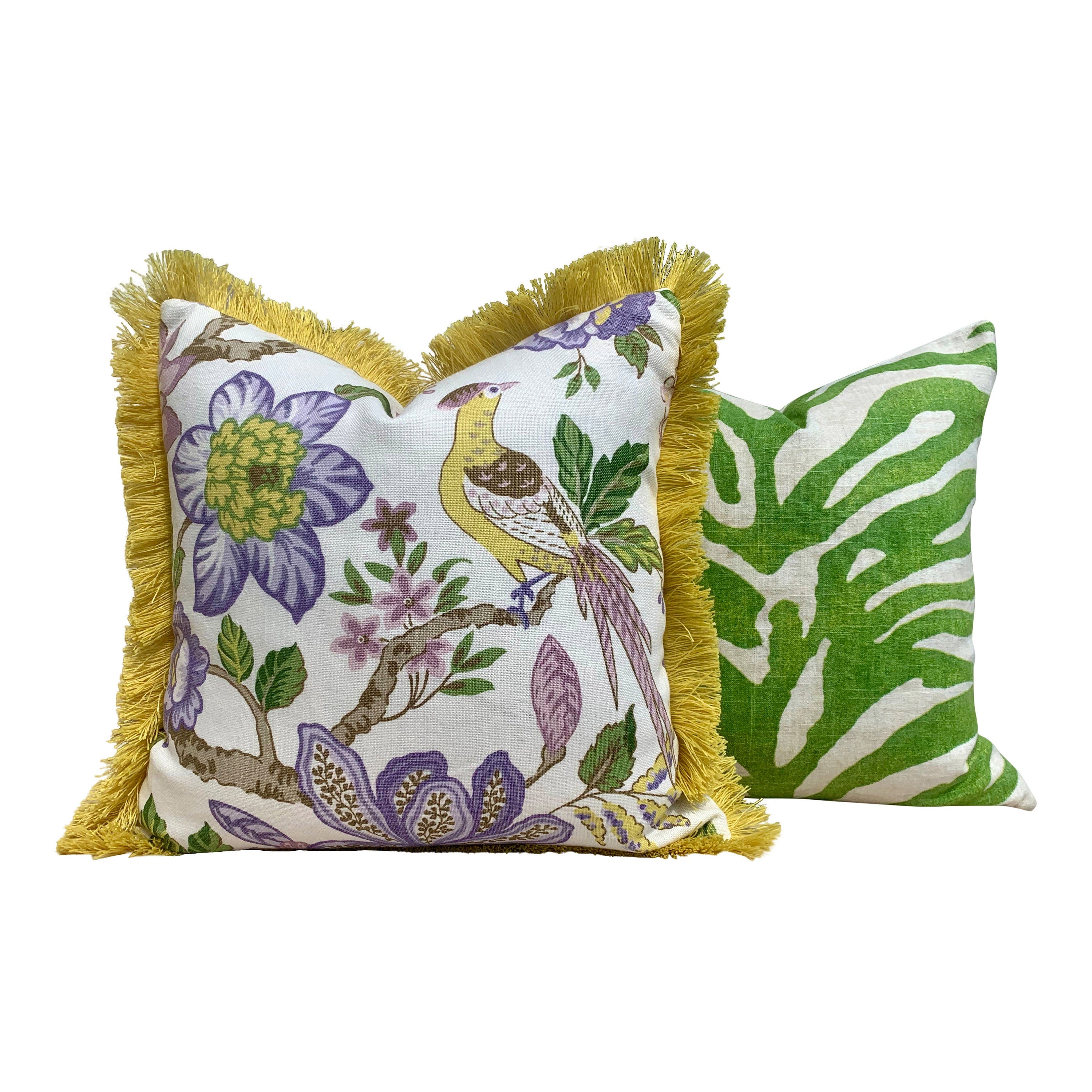 Schumacher Huntington Garden Pillow in Lilac. Decorative lumbar Pillow in Yellow.