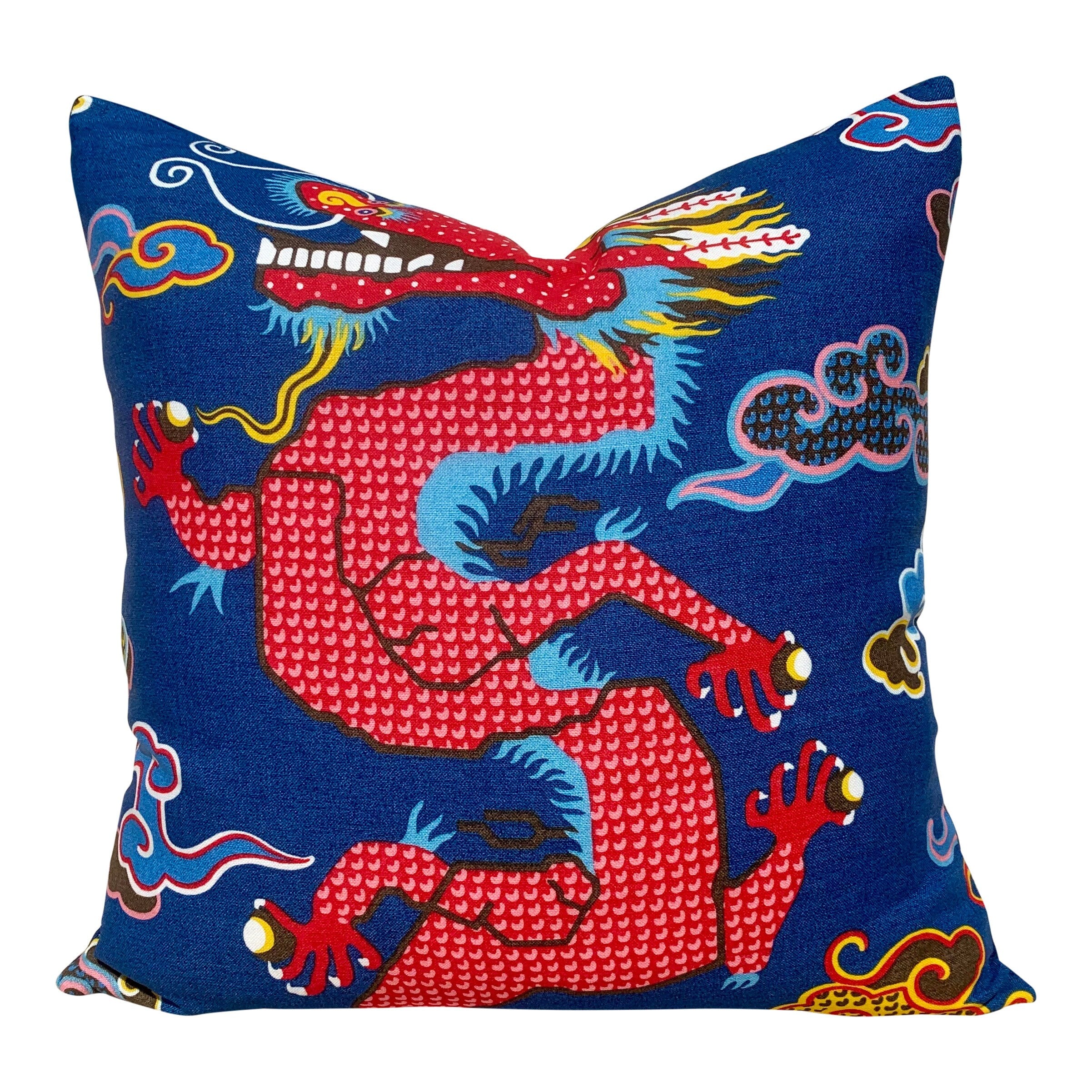 Schumacher Magical Ming Dragon Pillow, Red, Blue. Decorative pillow.Designer pillows, accent cushion cover, high end pillow