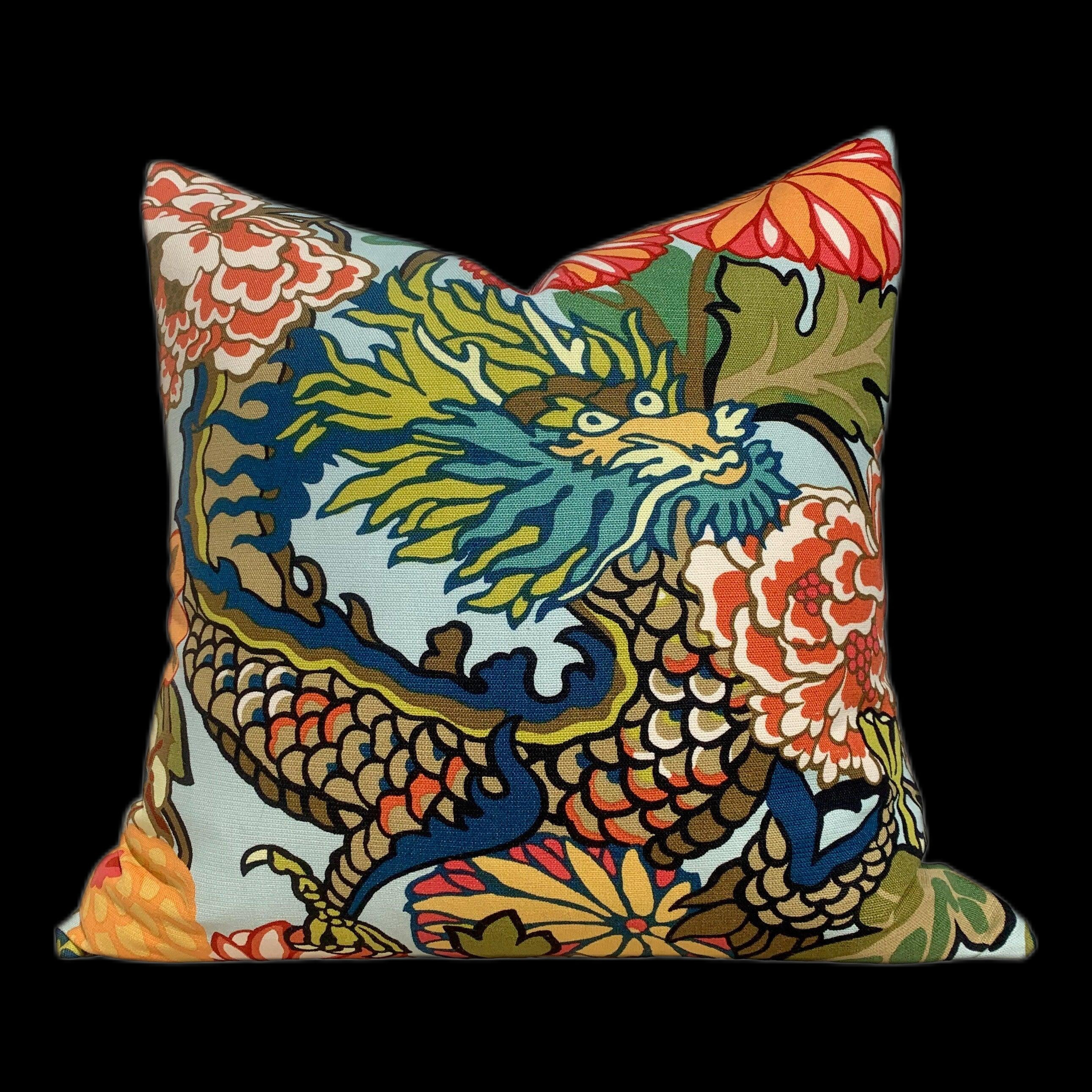 Schumacher Chang Mai Dragon Pillow in Aquamarine. Chinoiserie Accent Lumbar Linen Pillow, Aqua Blue Dragon Cushion Cover, Animal Print Decor