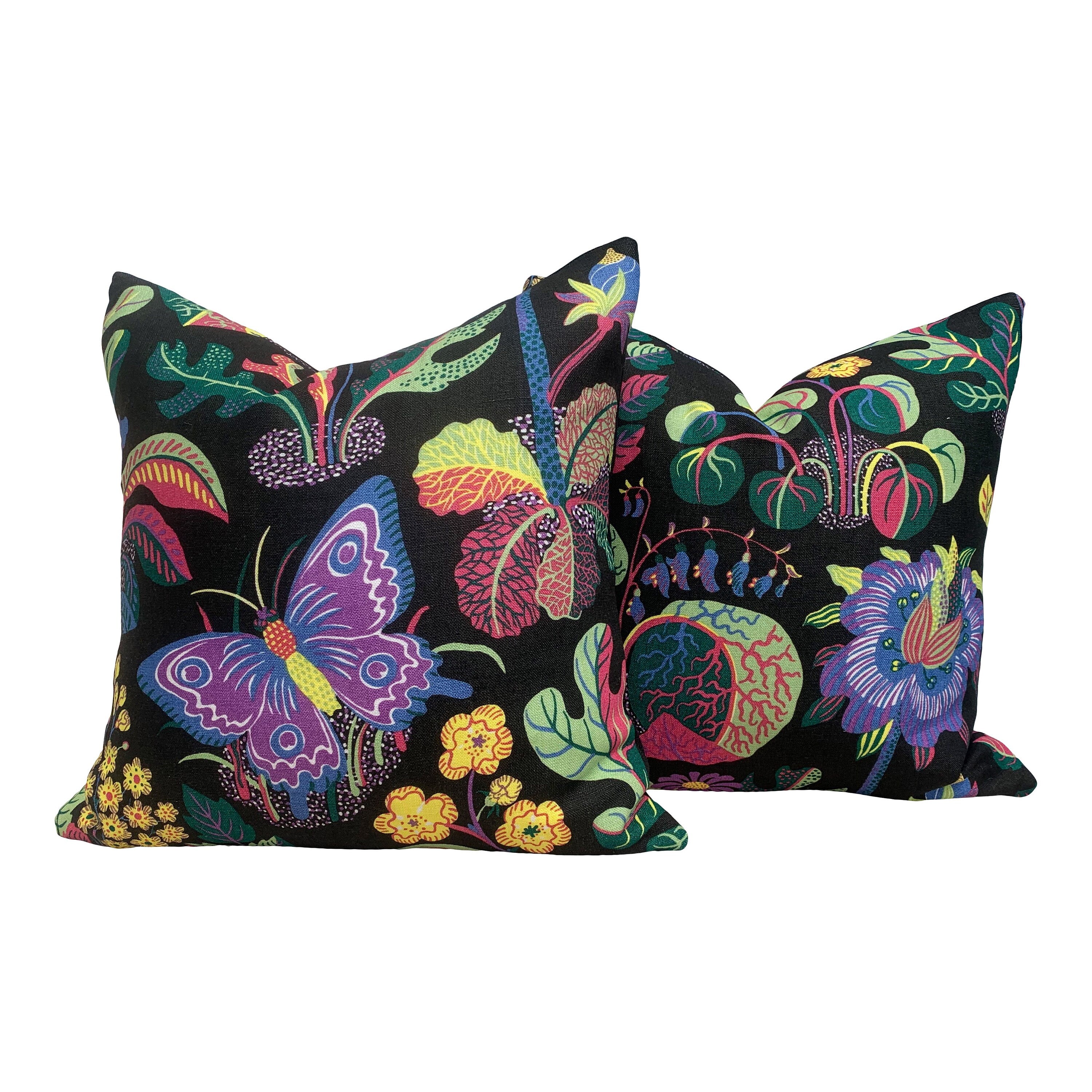 Schumacher Magical Garden Pillow in Purple and Black. Accent Lumbar Pillow in Black and Lilac.