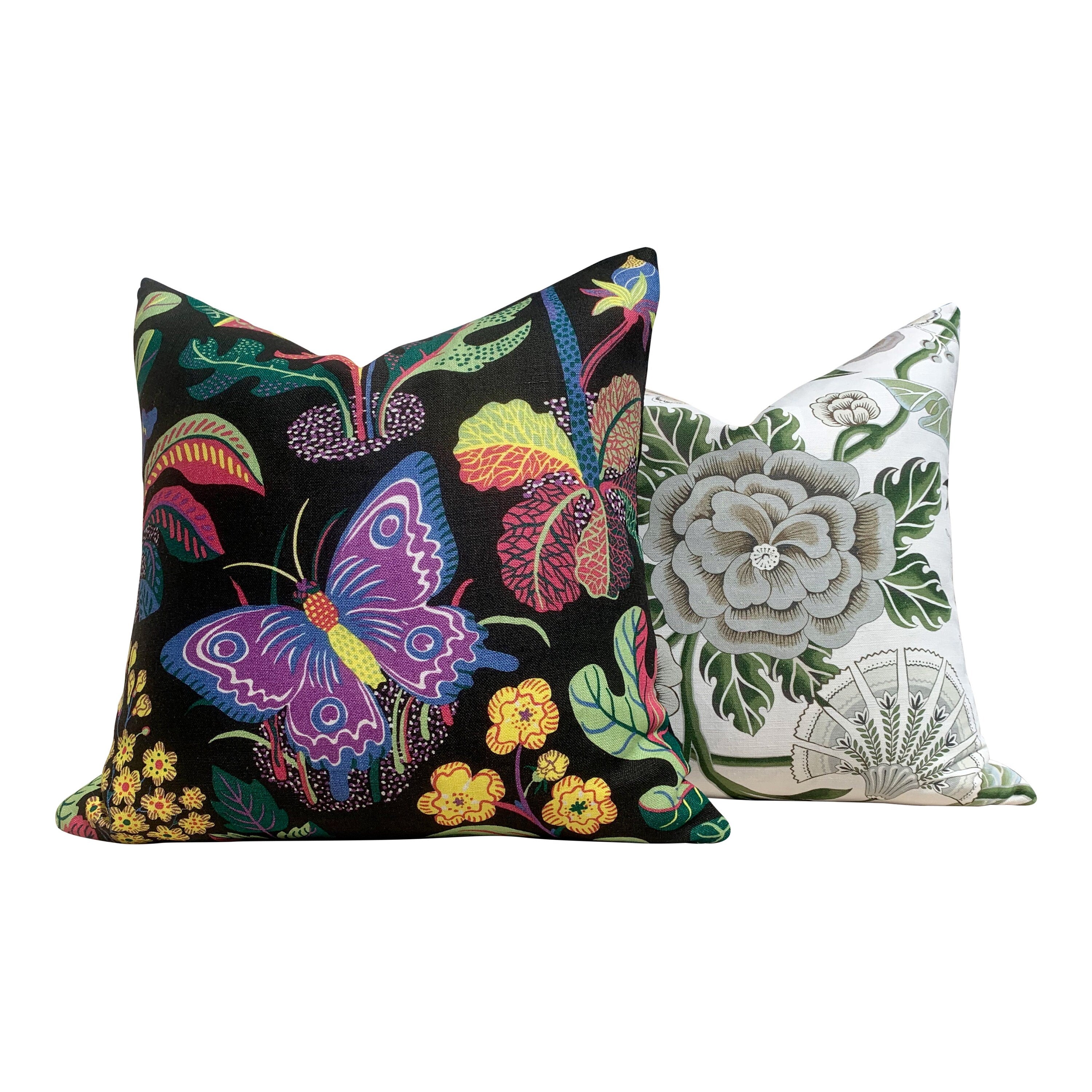 Schumacher Magical Garden Pillow in Purple and Black. Accent Lumbar Pillow in Black and Lilac.
