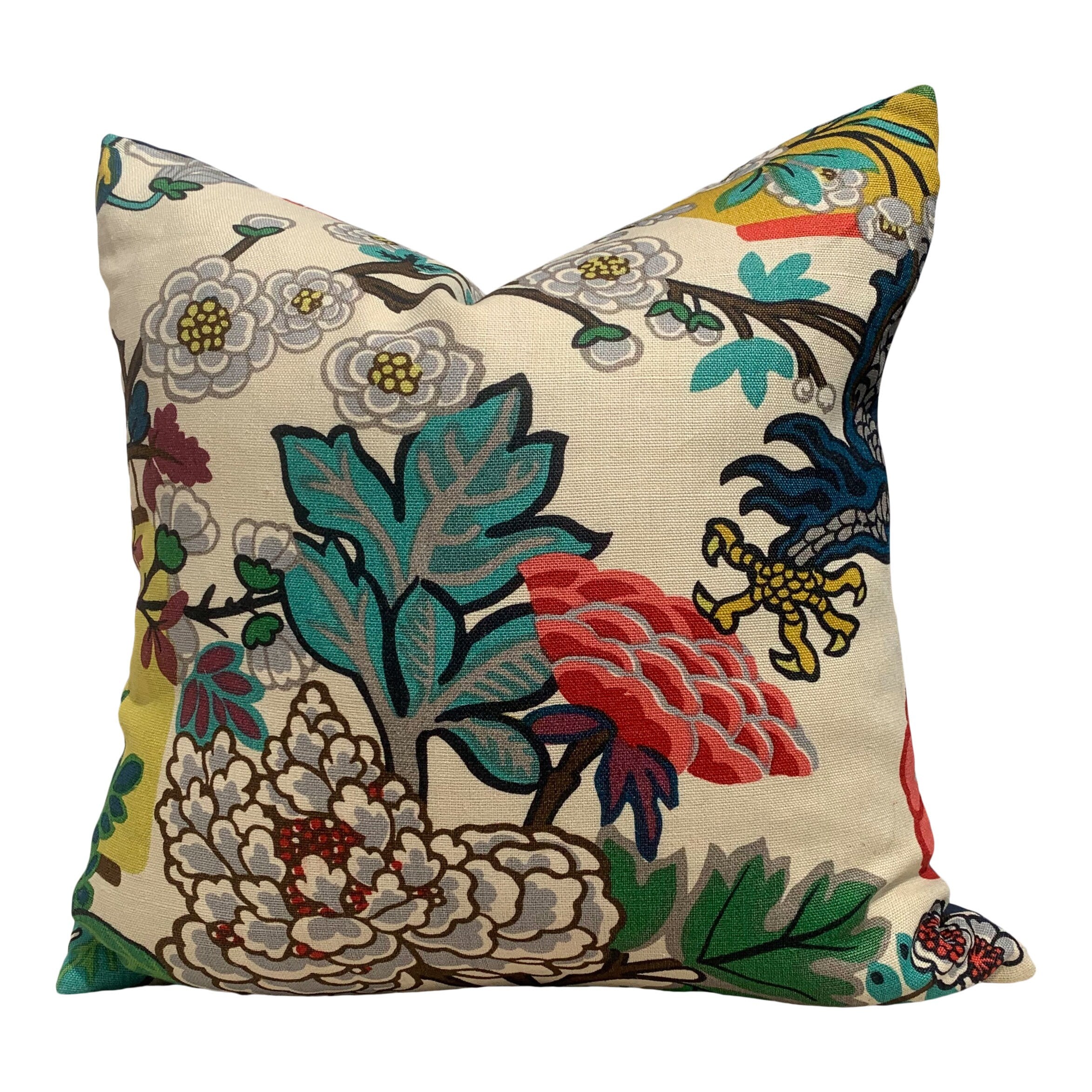 Schumacher Chang Mai Dragon Linen Pillow. Chinoiserie  Accent Lumbar Pillow Red and Green.