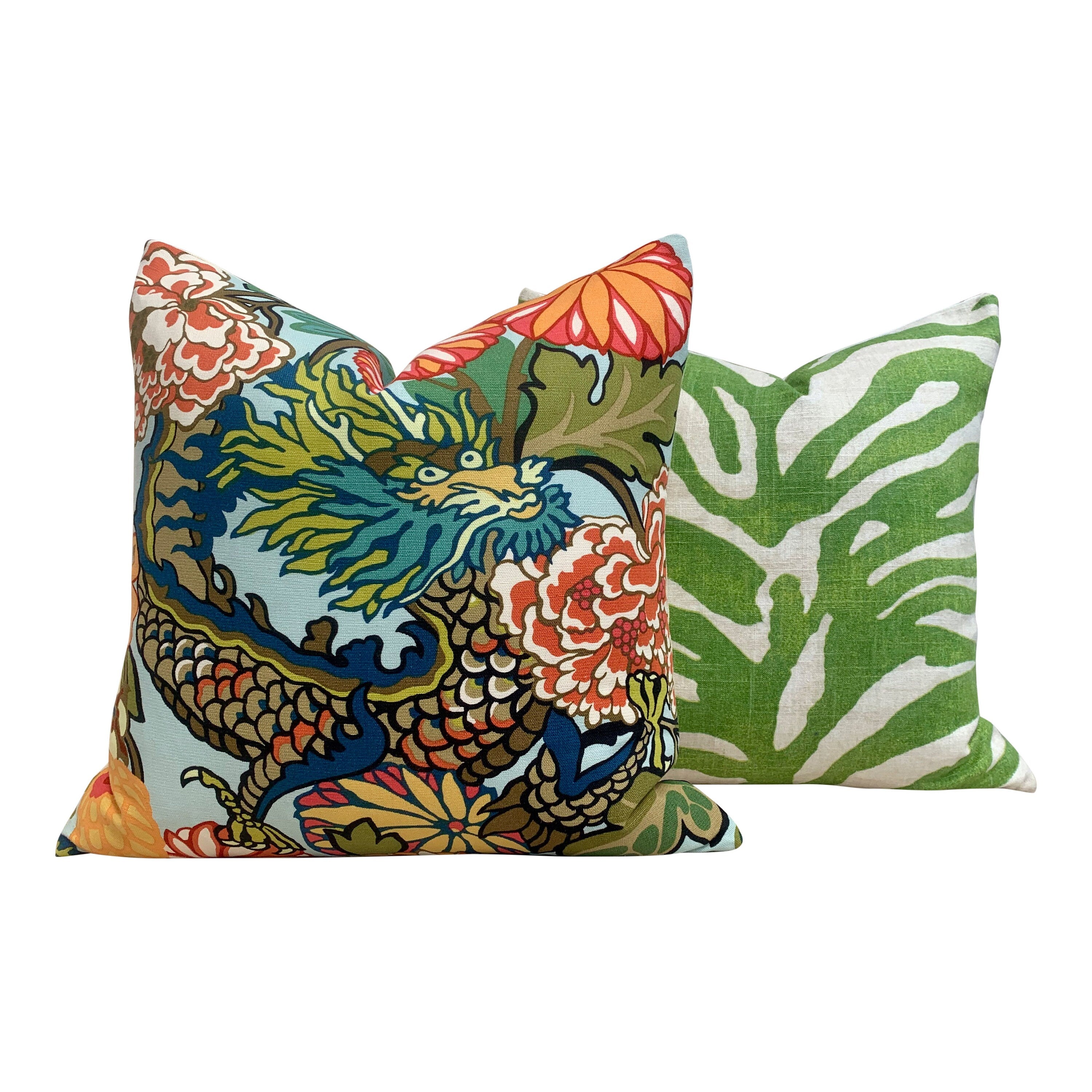Schumacher Chang Mai Dragon Pillow in Aquamarine. Chinoiserie Accent Lumbar Linen Pillow, Aqua Blue Dragon Cushion Cover, Animal Print Decor