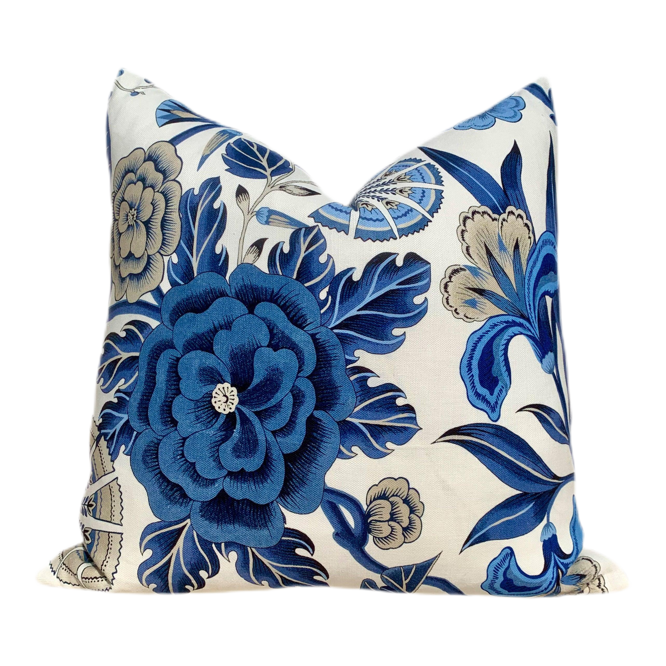 Thibaut Floral Pillow Cover in Deep Blue, White and Beige.