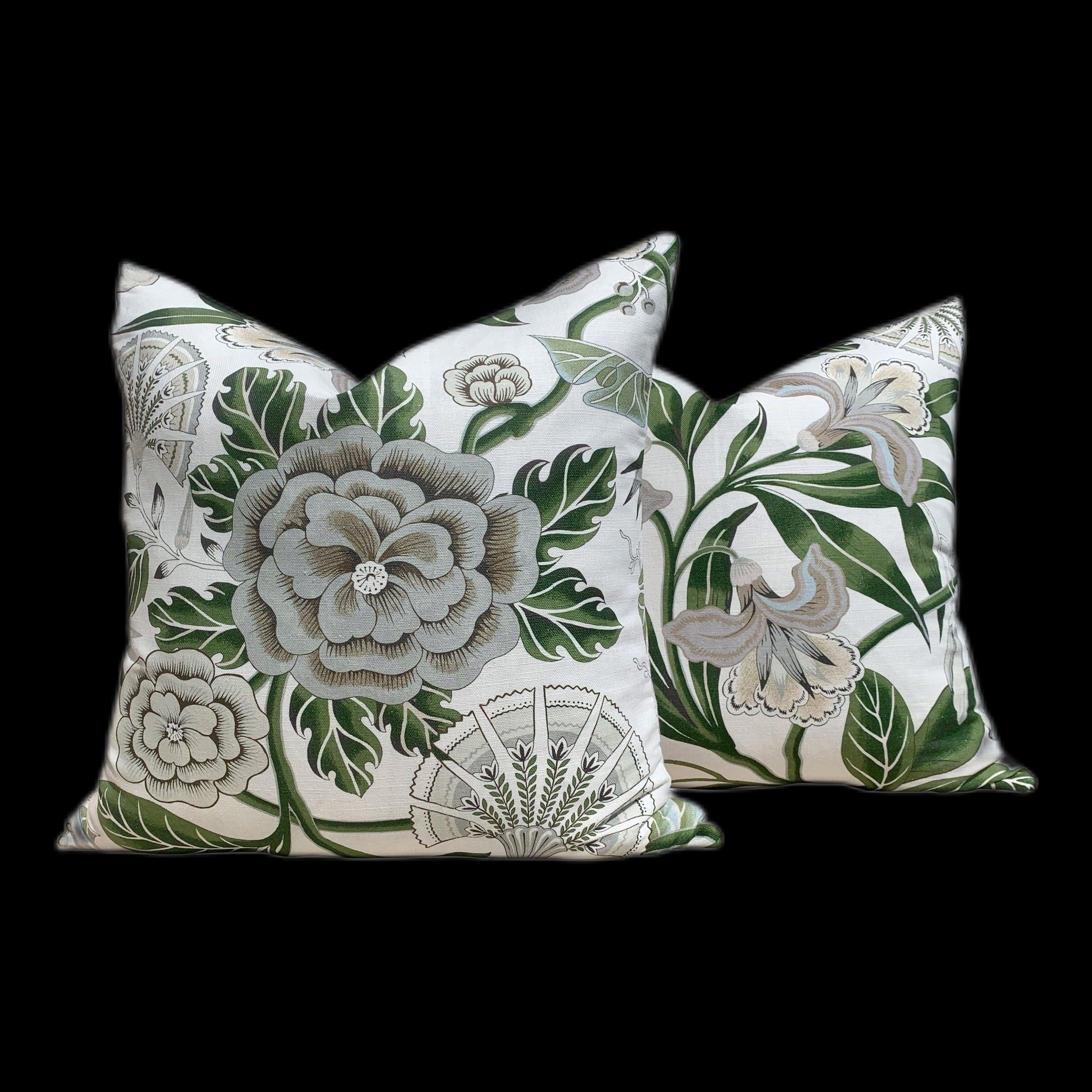Thibaut Cleo Floral Pillow in Green and White. Decorative Lumbar Pillow in Green. Accent Throw Pillow.