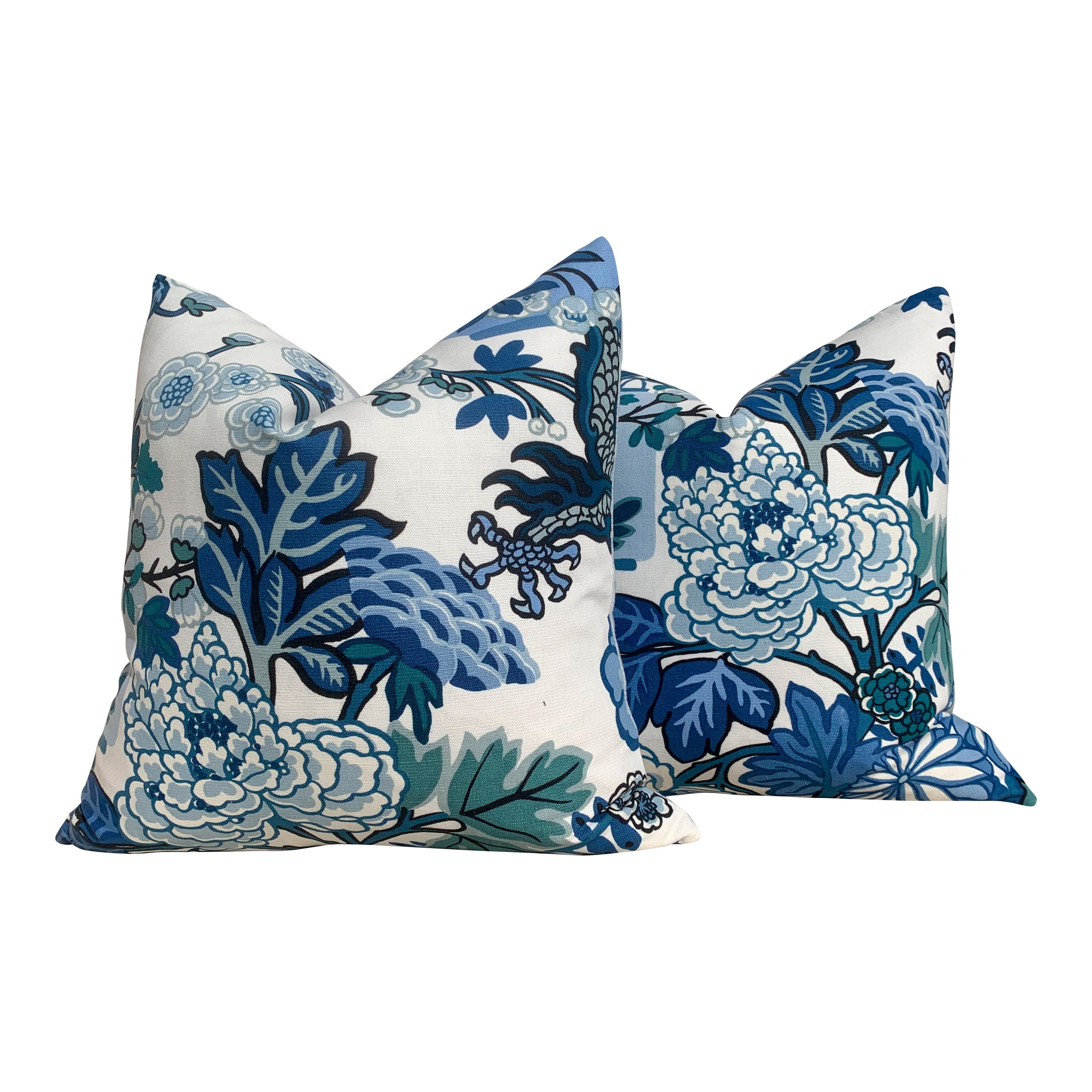 Schumacher Chang Mai Dragon Pillow, Blue. Decorative Floral Asian Lumbar Linen Pillow,China Blue. Designer pillows, accent cushion cover