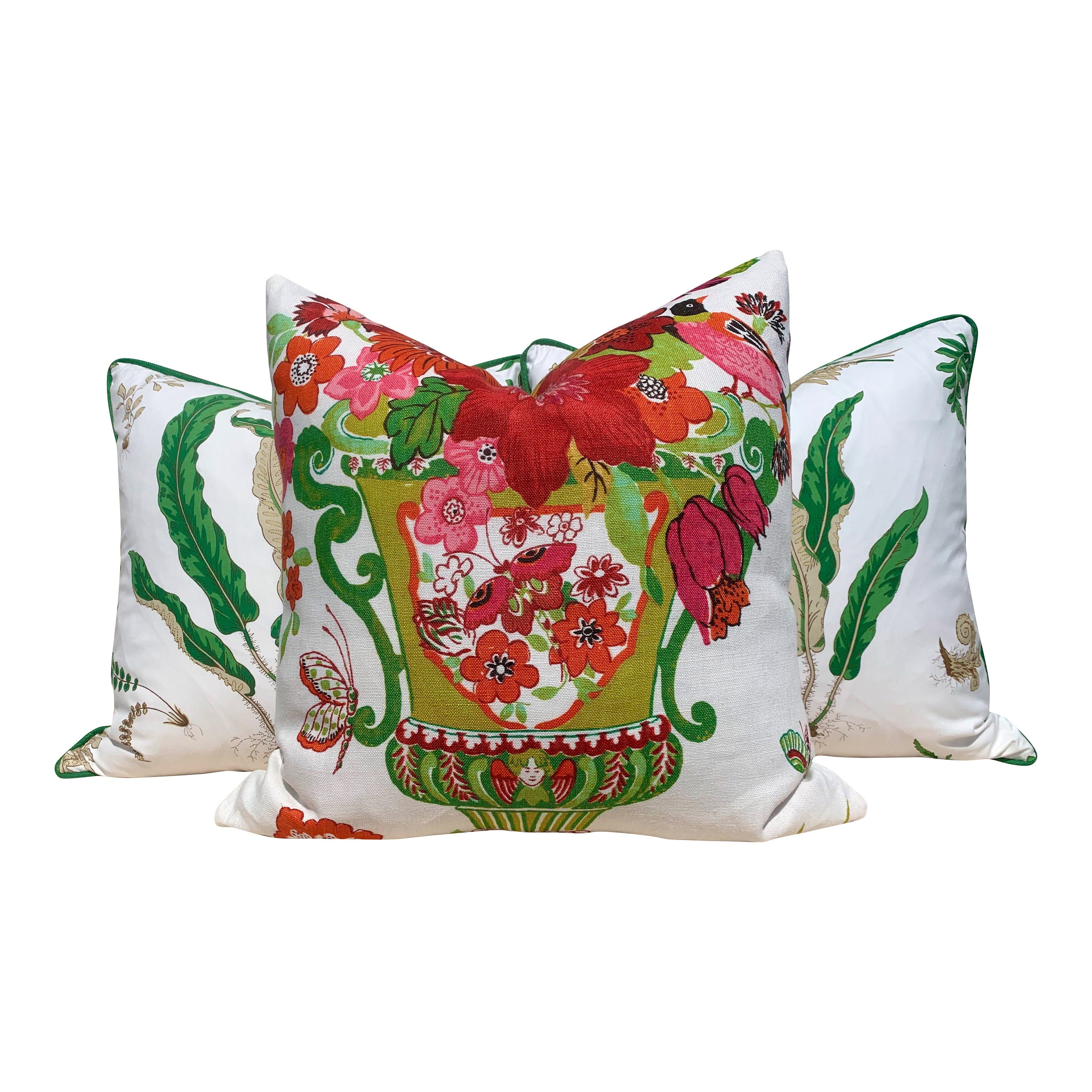 Lansdale Bouquet Pillow Red, Green and Pink. Lumbar Decorative Pillow, Designer pillows, accent cushion cover, high end pillow cover