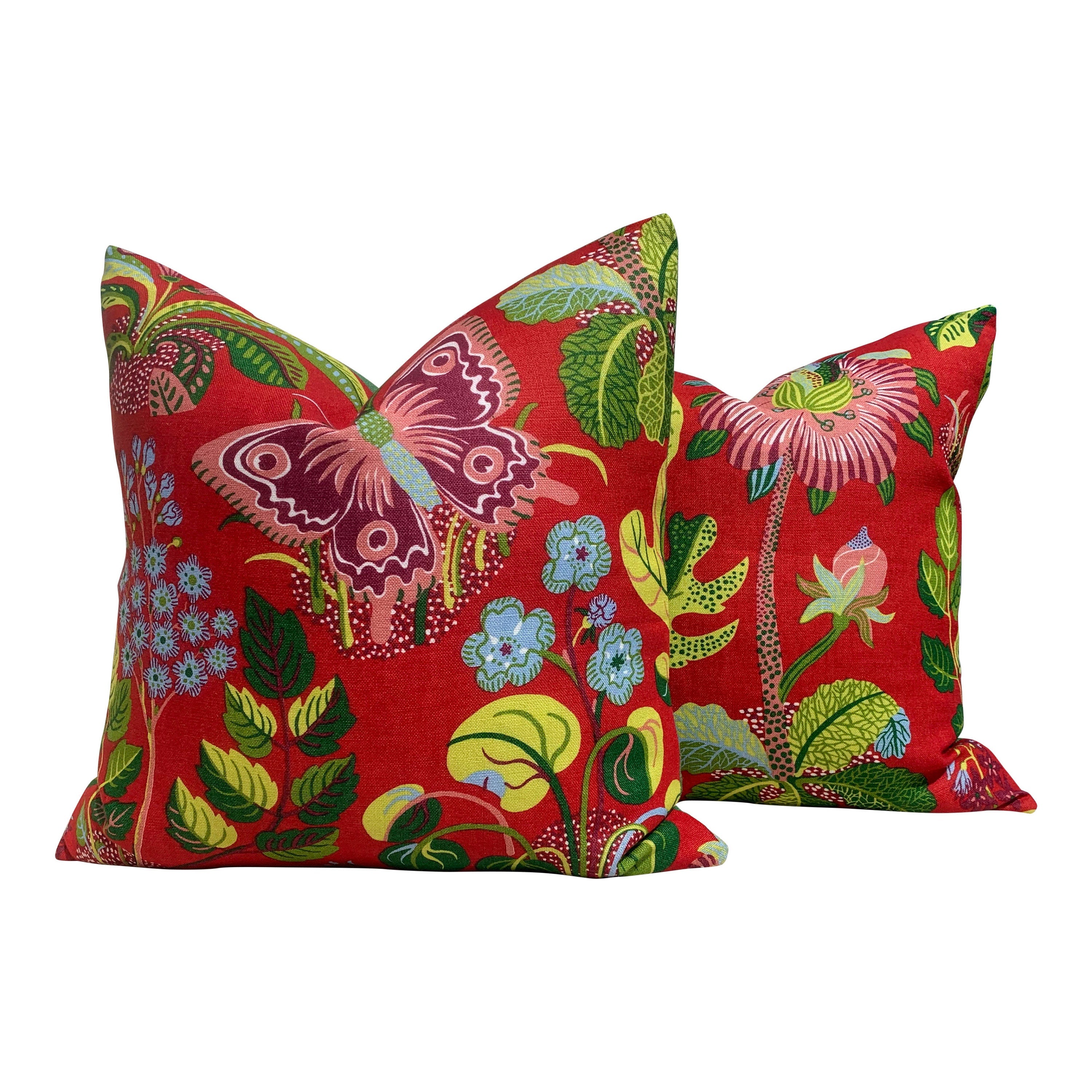 Schumacher Magical Garden Pillow in Red. Accent Lumbar Pillow in Lacquer