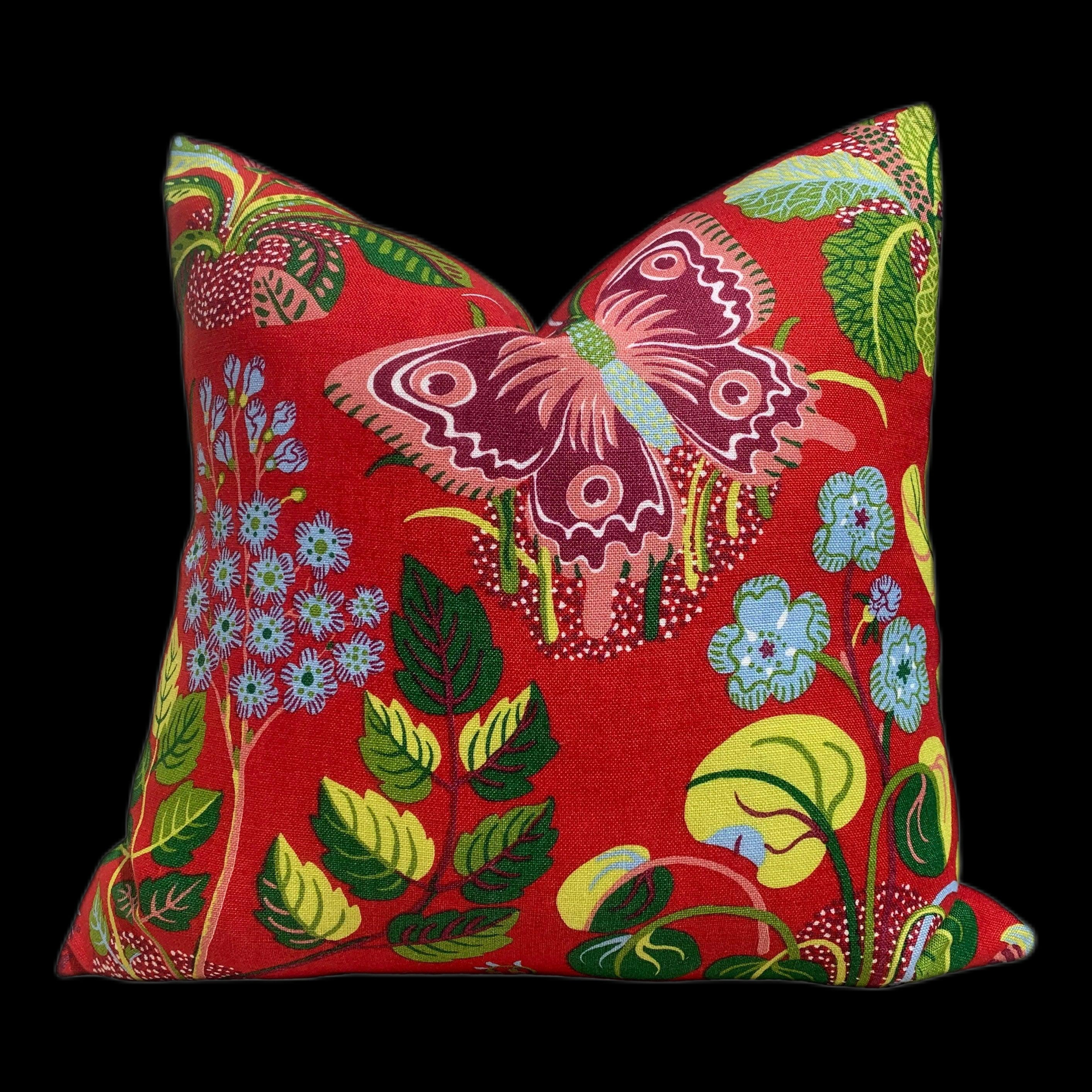 Schumacher Magical Garden Pillow in Red. Accent Lumbar Pillow in Lacquer