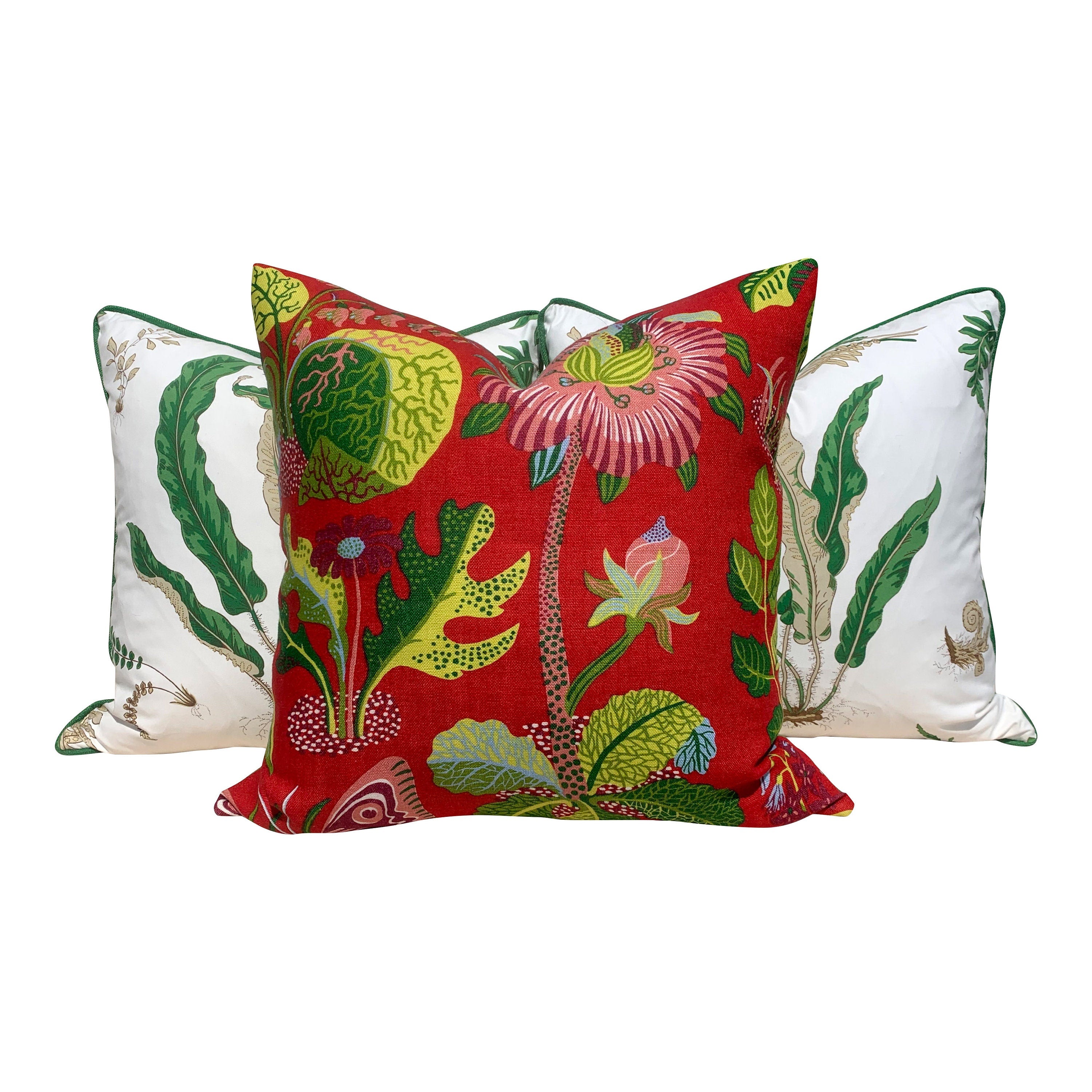 Schumacher Magical Garden Pillow in Red. Accent Lumbar Pillow in Lacquer