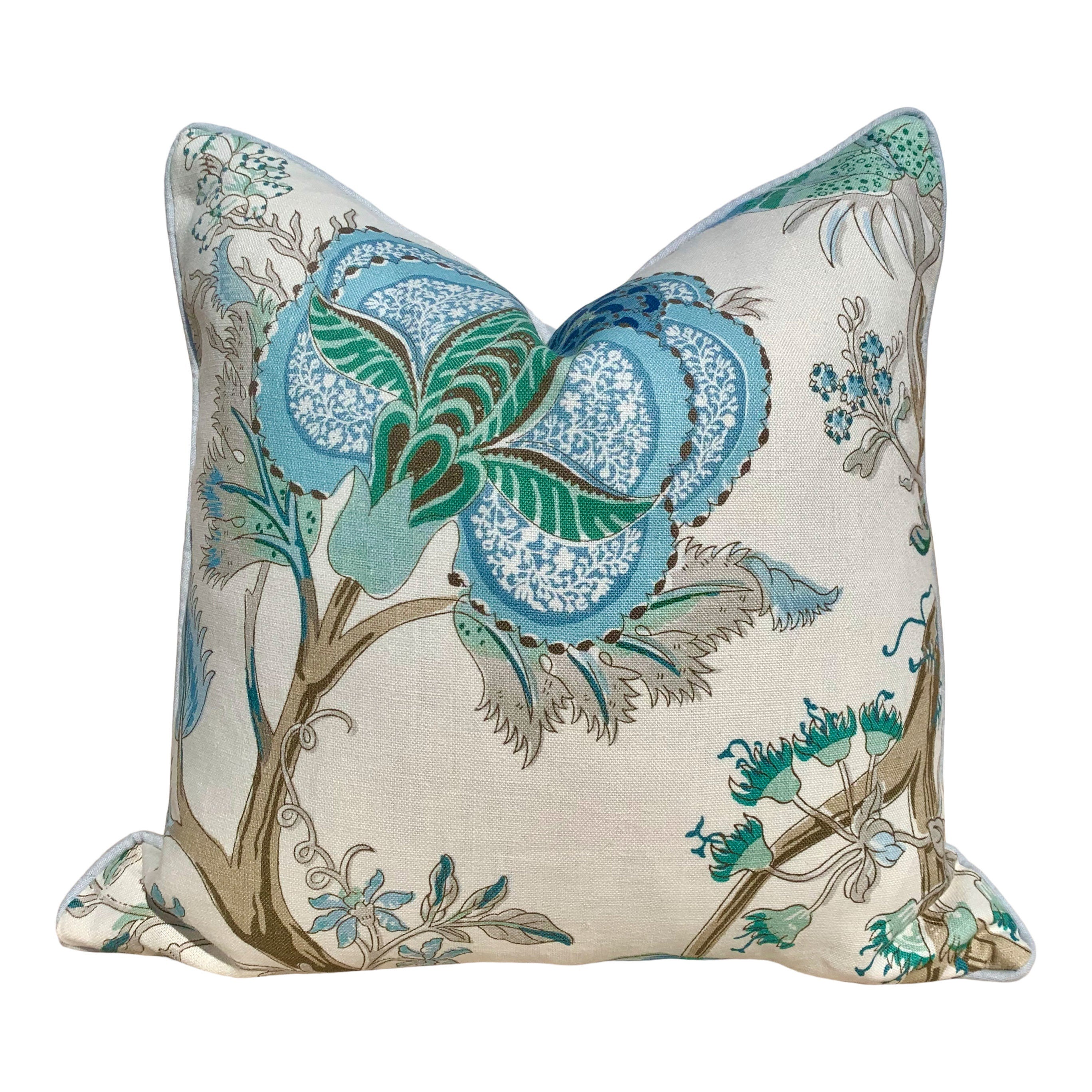 Schumacher Indian Arbre Pillow in Turquoise. Accent Floral Lumbar Pillow in Aqua and Emerald, Extra Long Lumbar Pillow in Teal, Euro Sham