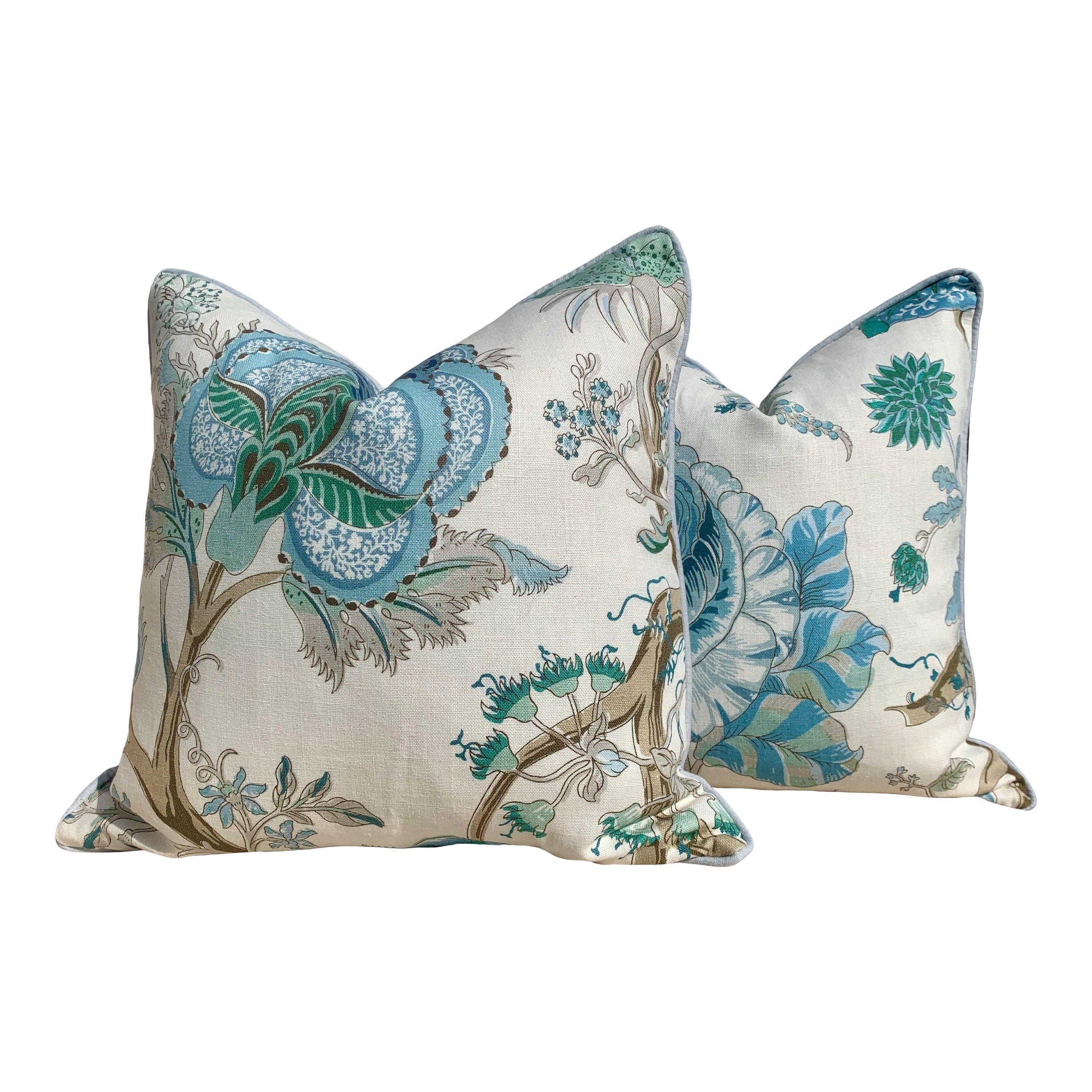 Schumacher Indian Arbre Pillow in Turquoise. Accent Floral Lumbar Pillow in Aqua and Emerald, Extra Long Lumbar Pillow in Teal, Euro Sham