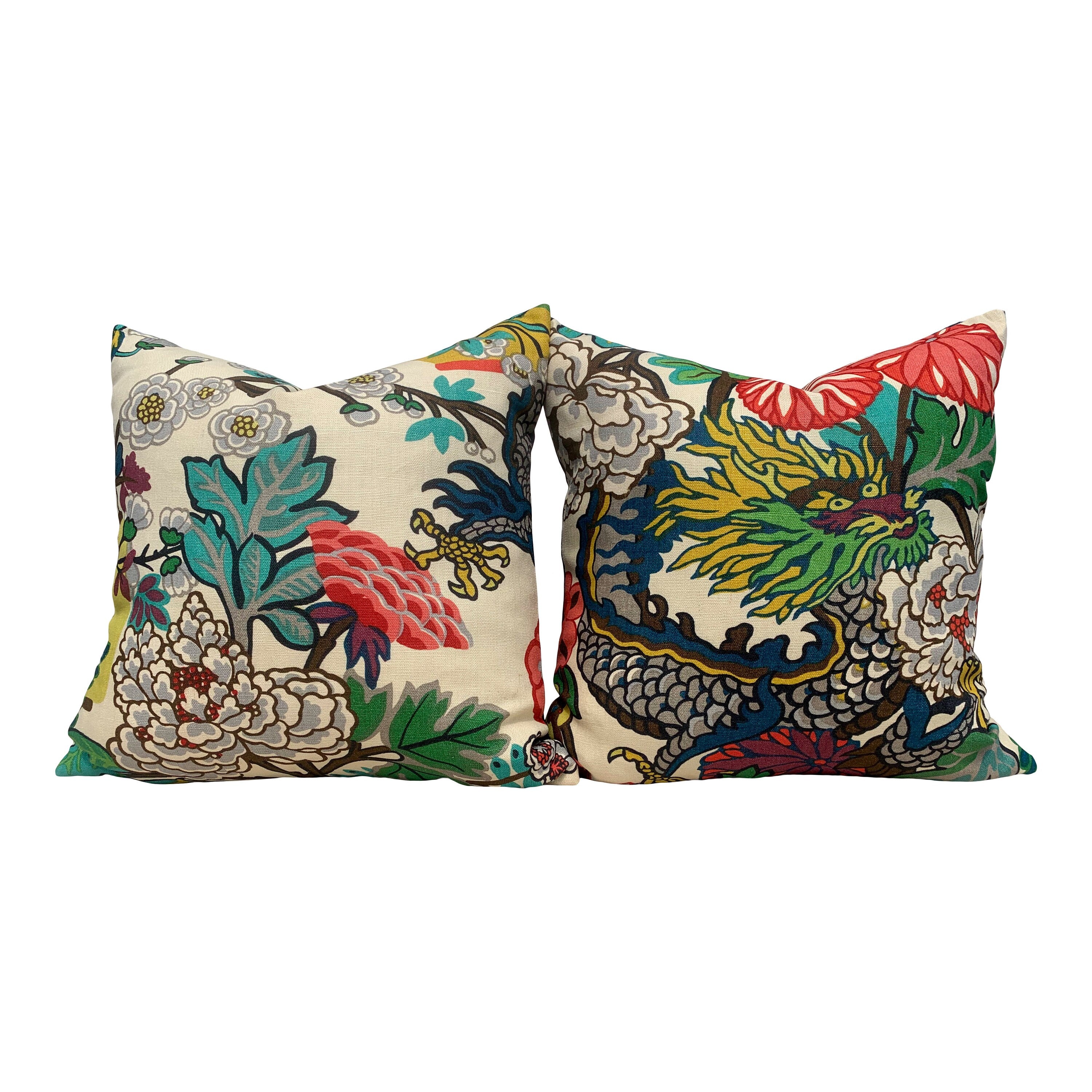 Schumacher Chang Mai Dragon Linen Pillow. Chinoiserie  Accent Lumbar Pillow Red and Green.