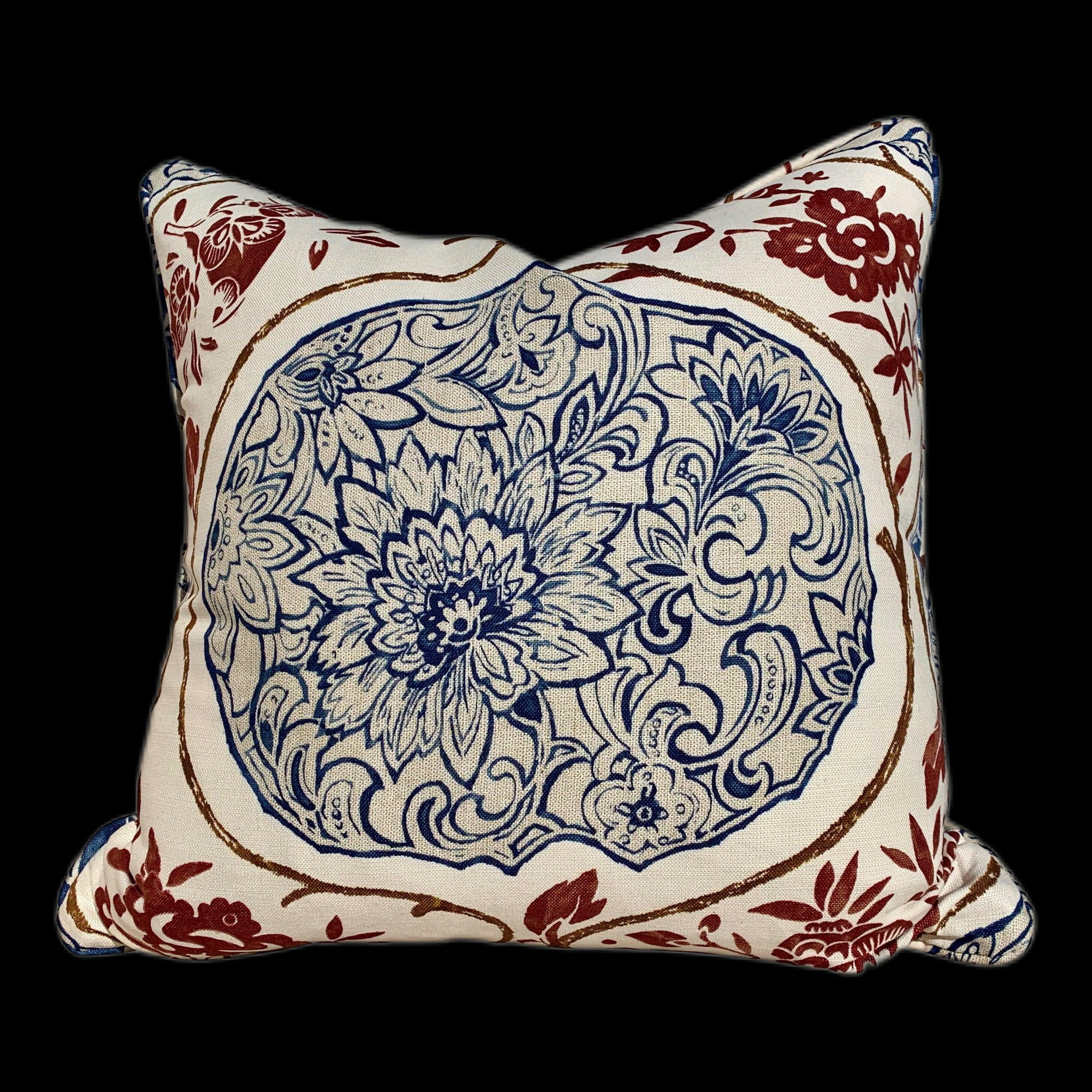 Schumacher Katsugi Pillow in Indigo and Cinnabar. Decorative Medallion Pillow, Navy. Designer Lumbar Pillow Accent Pillow Cover Toss throw