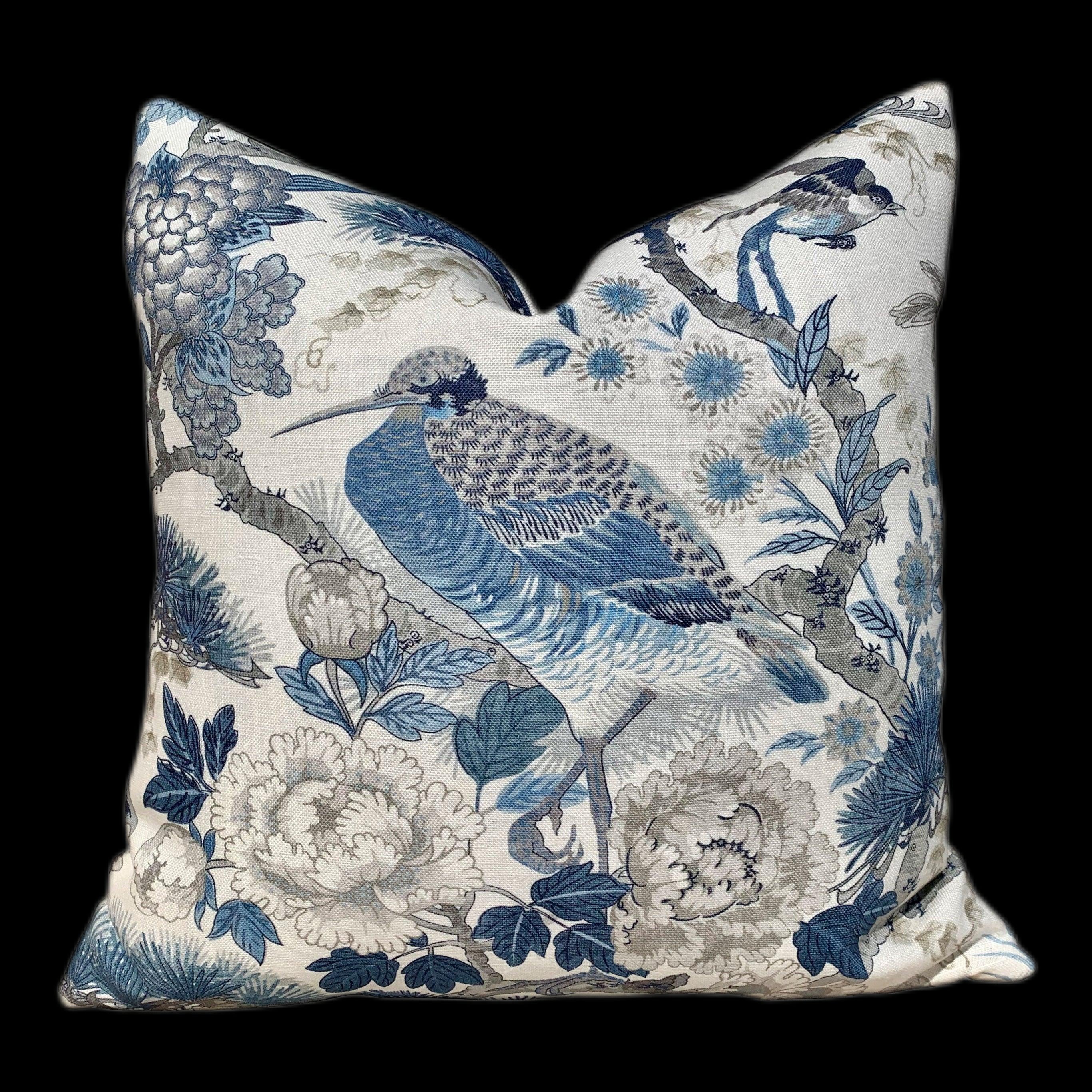 Scalamandre Shenyang Pillow Porcelain Blue. Chinoserie Accent Decorative Pillow Cushion Cover Case Floral Lumbar pillow Bird Pin Blue white