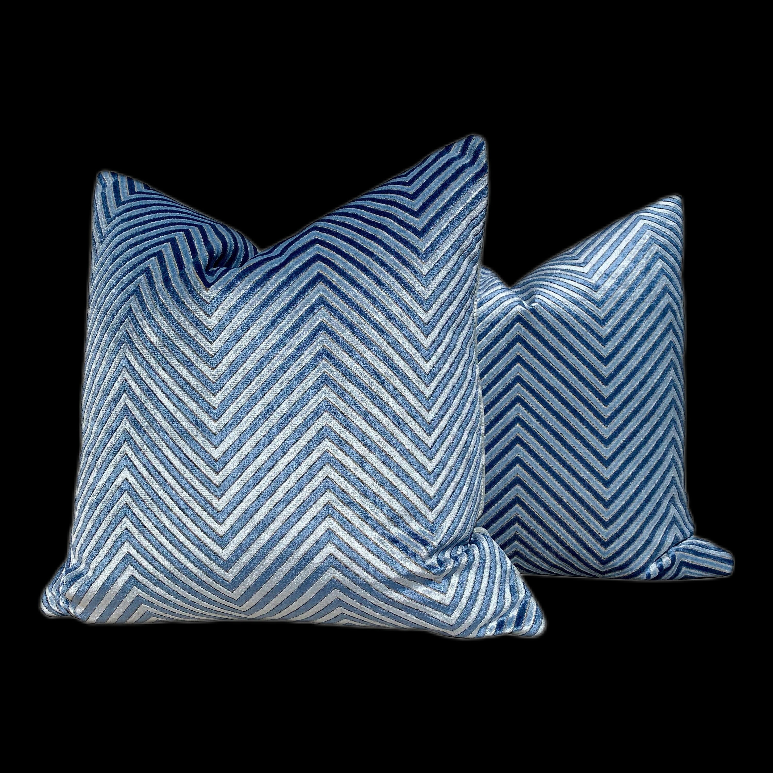 Chevron Velvet Pillow in Blue. Designer Zig Zag Velvet Pillow, Blue Chevron Pillow,  Long Lumbar Pillow, Euro Sham Cushion, Geometric Throw