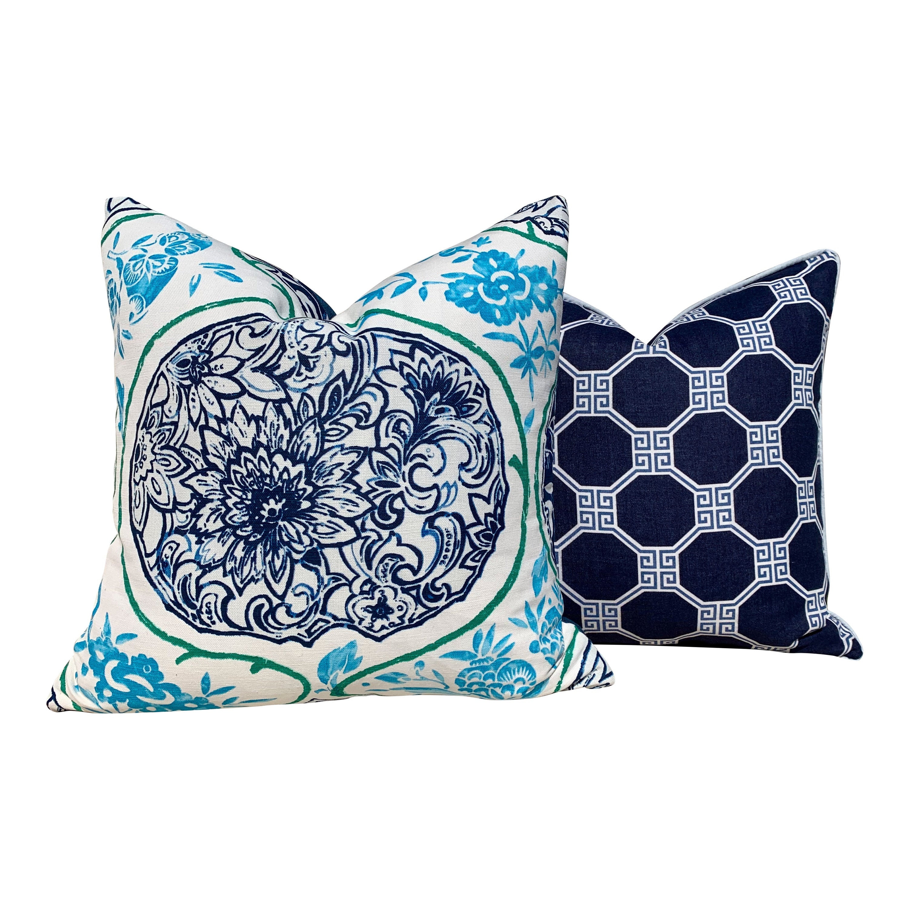 Schumacher Katsugi Pillow in Indigo and  Turquoise. Decorative Medallion Pillow in Aqua Blue. Designer Pillow, accent pillow cover