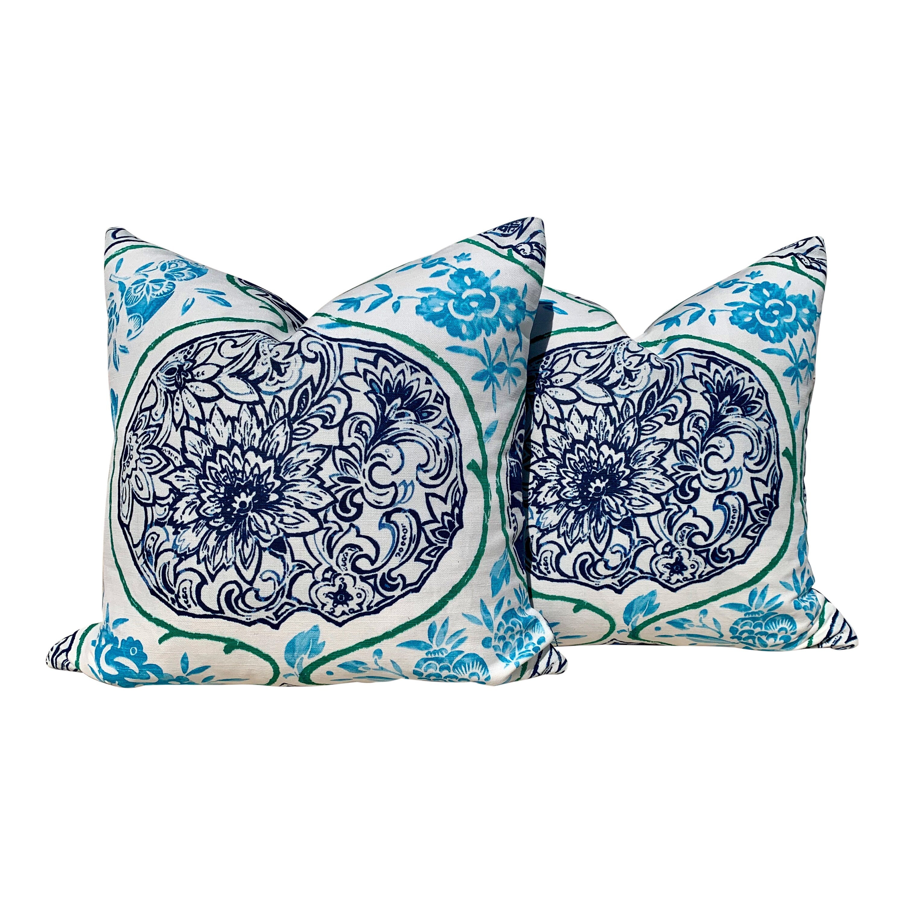 Schumacher Katsugi Pillow in Indigo and  Turquoise. Decorative Medallion Pillow in Aqua Blue. Designer Pillow, accent pillow cover