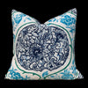 Schumacher Katsugi Pillow in Indigo and  Turquoise. Decorative Medallion Pillow in Aqua Blue. Designer Pillow, accent pillow cover