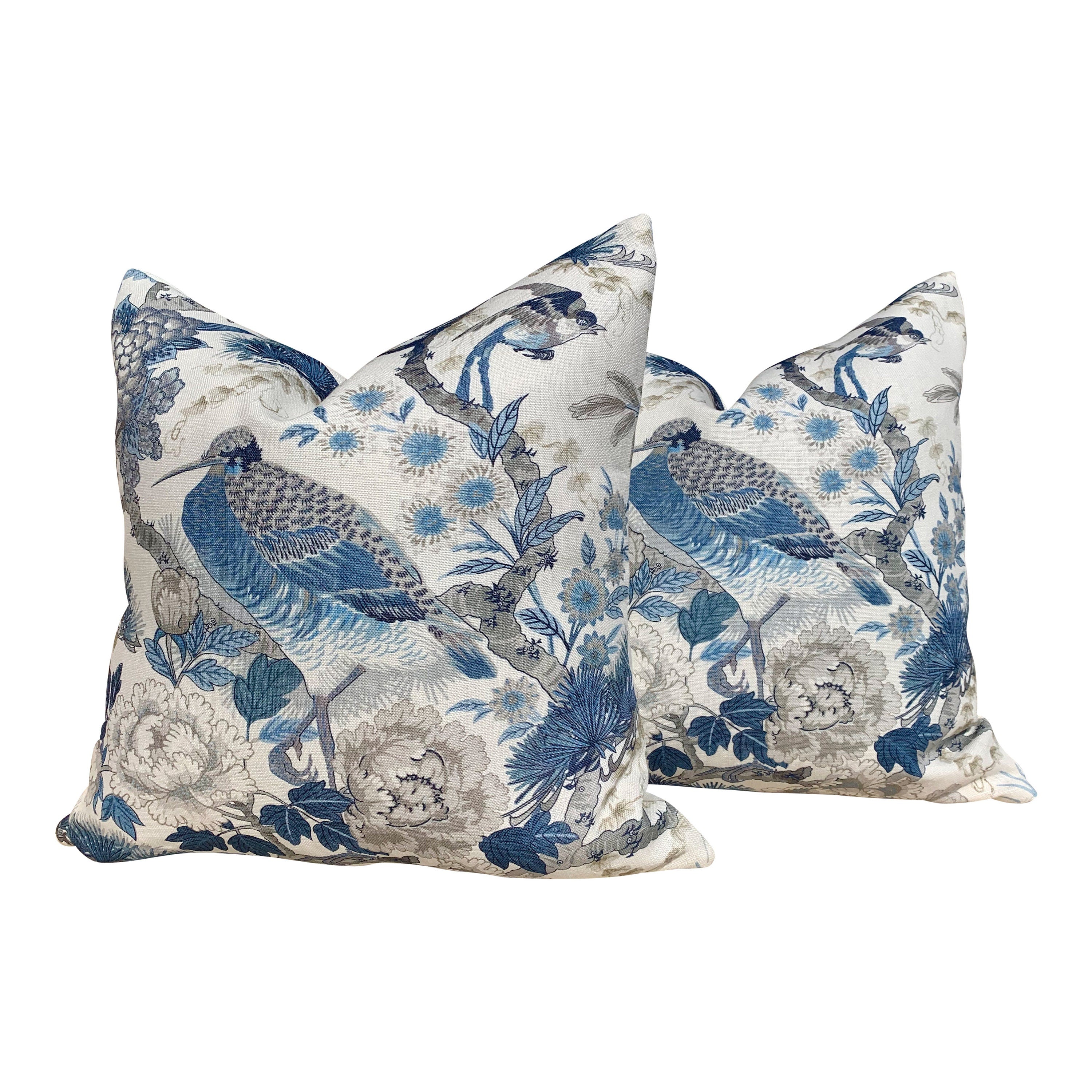 Scalamandre Shenyang Pillow Porcelain Blue. Chinoserie Accent Decorative Pillow Cushion Cover Case Floral Lumbar pillow Bird Pin Blue white