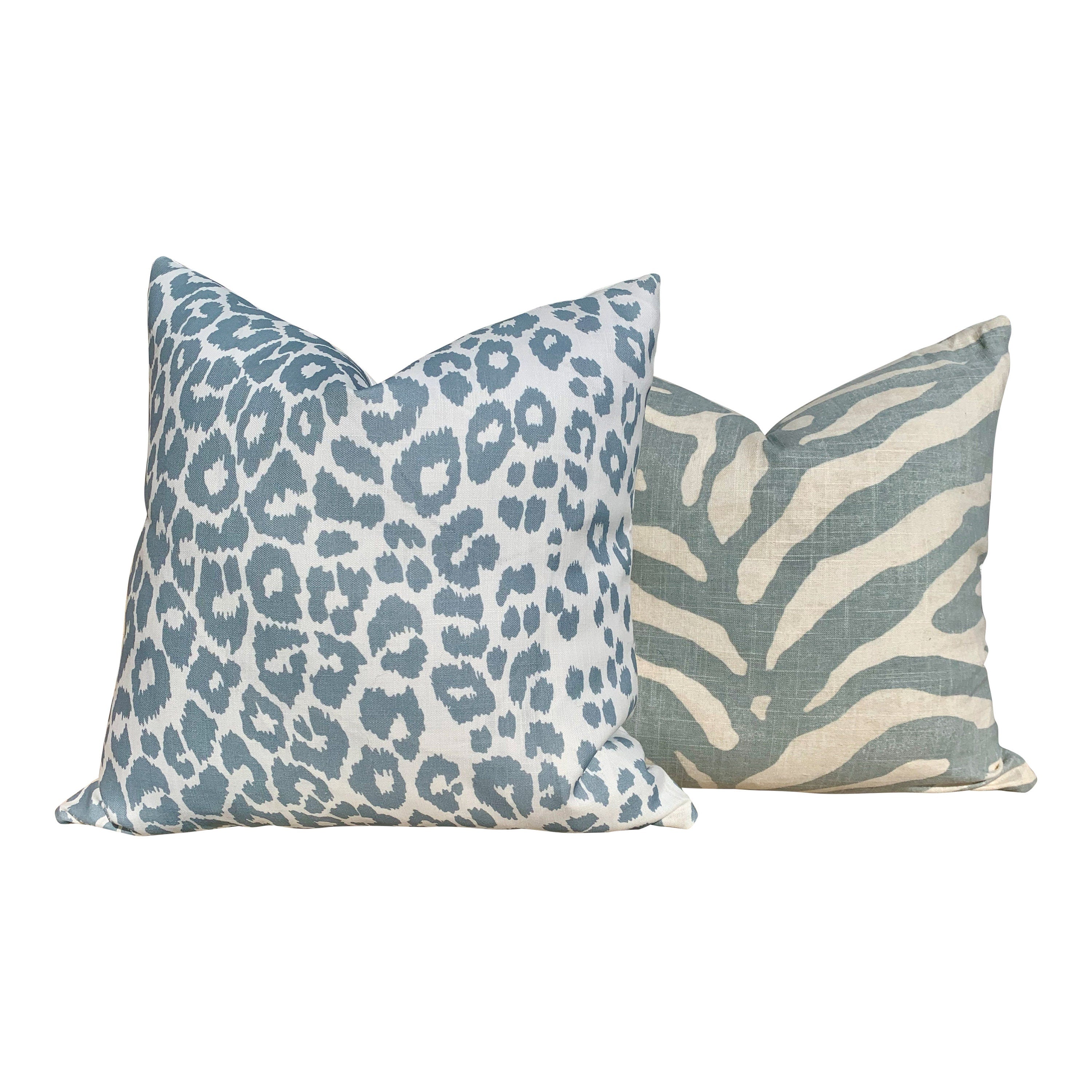 Indoor/Outdoor Schumacher Iconic Leopard Pillow Sky Blue. Outdoor Dust Blue  Pillow. Decorative pillow, designer cover, performance pillow