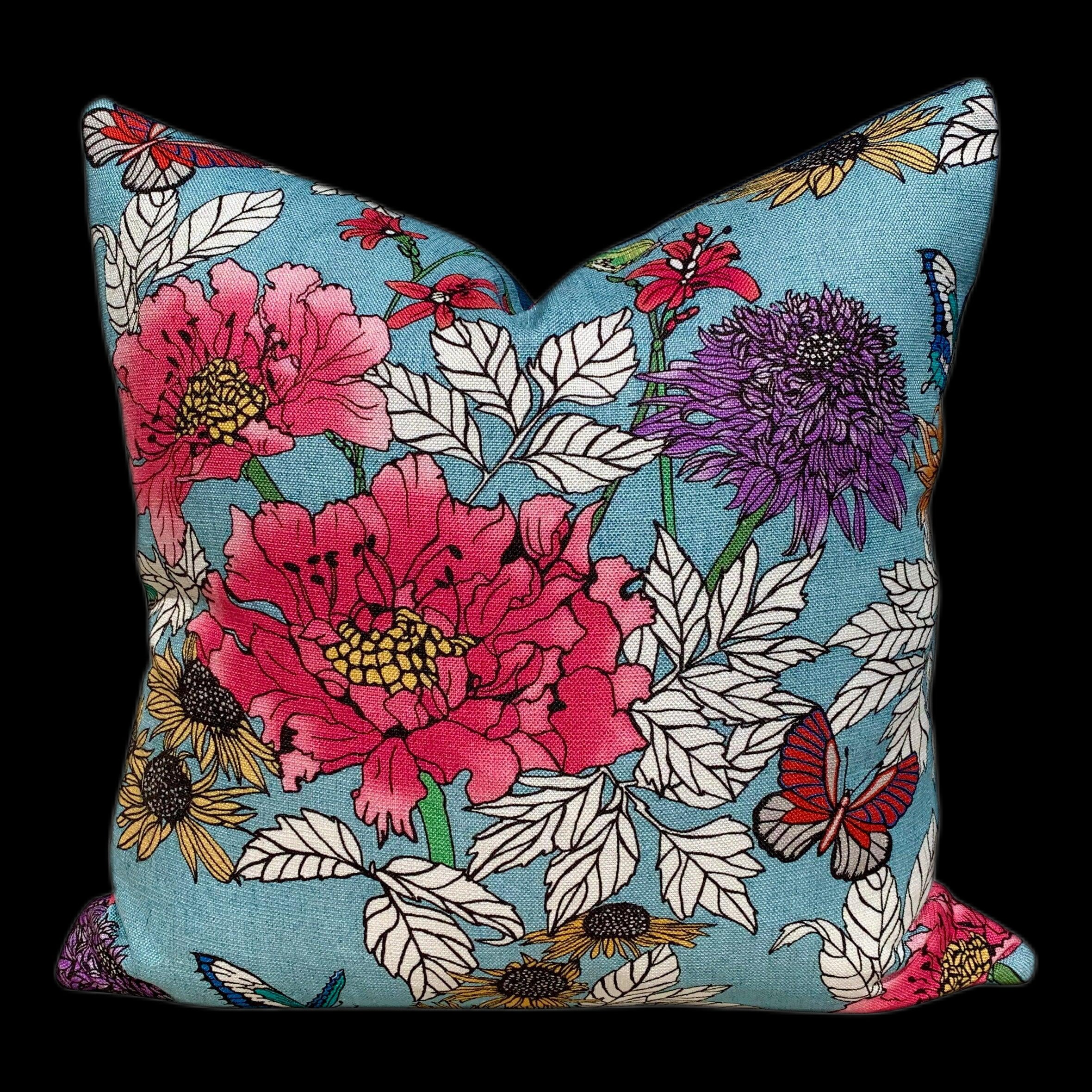 Designer Floral Pillow in Aqua Blue, Pink. Lumbar Floral Pillow. Designer pillows, accent cushion cover, decorative pillow in pink blue