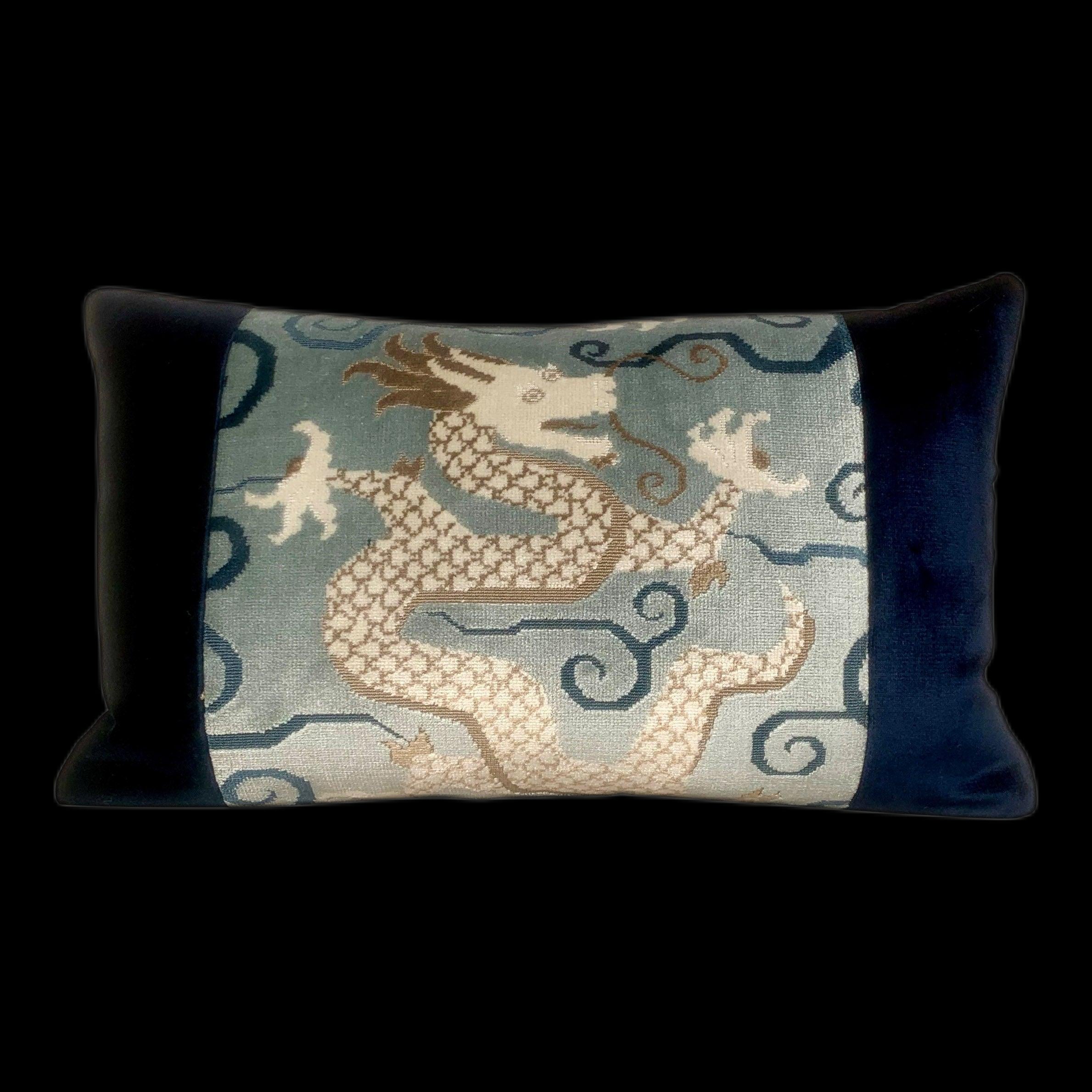 Schumacher Bixi Velvet Lumbar Pillow, Celestial. Lumbar Dragon Velvet Pillow, Chinoiserie Blue Pillow, 12"X20" pillow cover