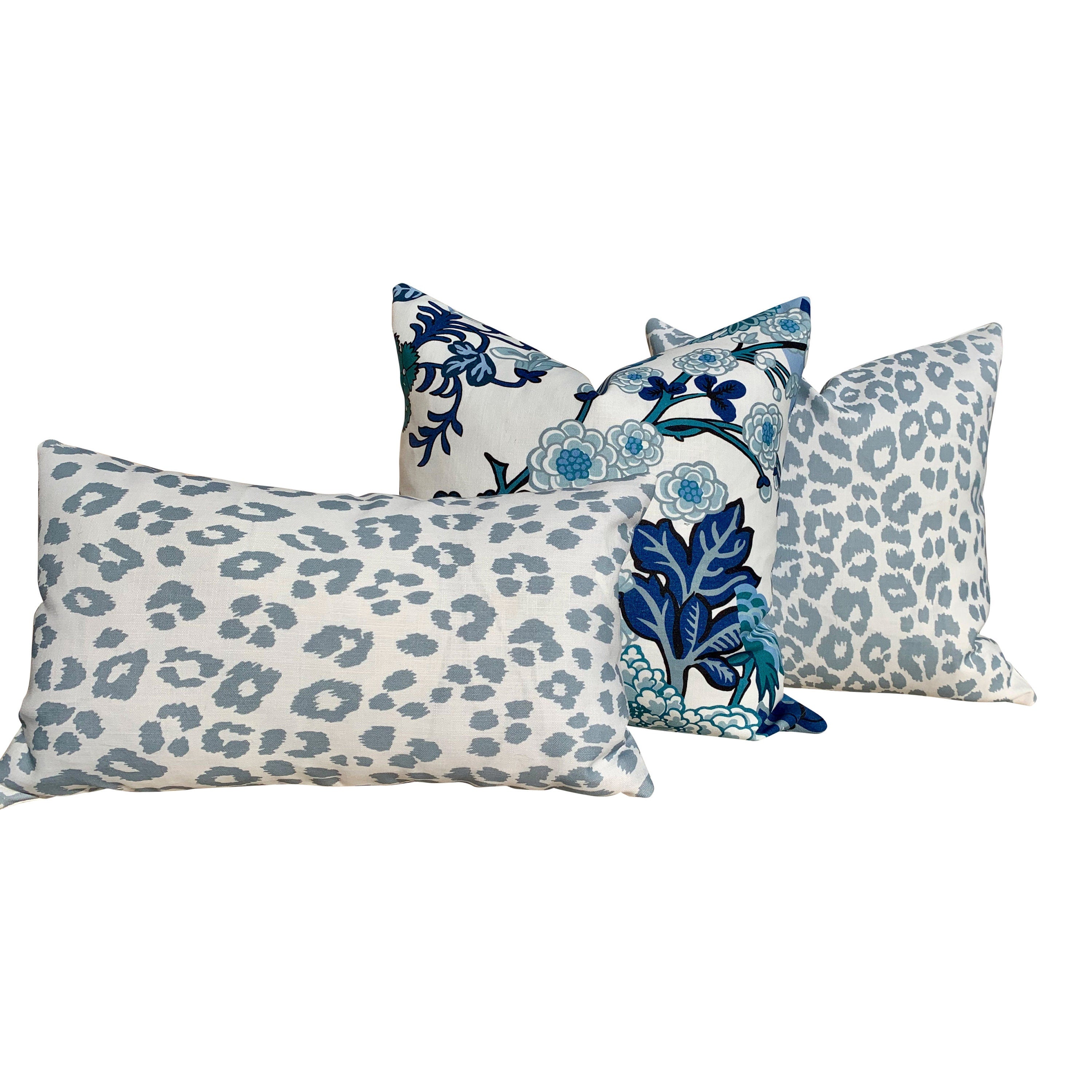 Indoor/Outdoor Schumacher Iconic Leopard Pillow Sky Blue. Outdoor Dust Blue  Pillow. Decorative pillow, designer cover, performance pillow