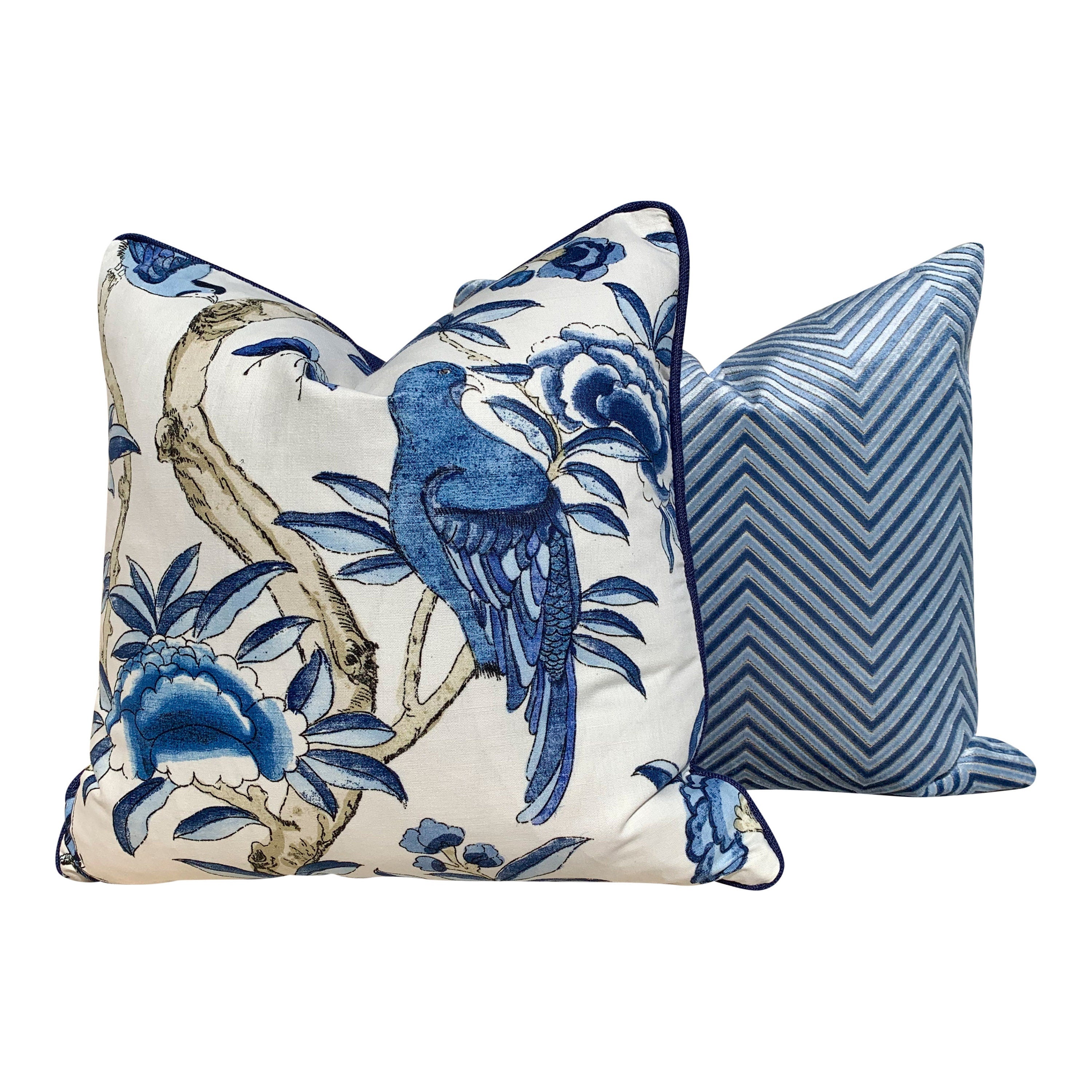 Thibaut Giselle Linen Pillow In Blue, Navy Pipping. Decorative Pillow Cover, Accent throw cushion, Designer Pillow, Lumbar throw pillow