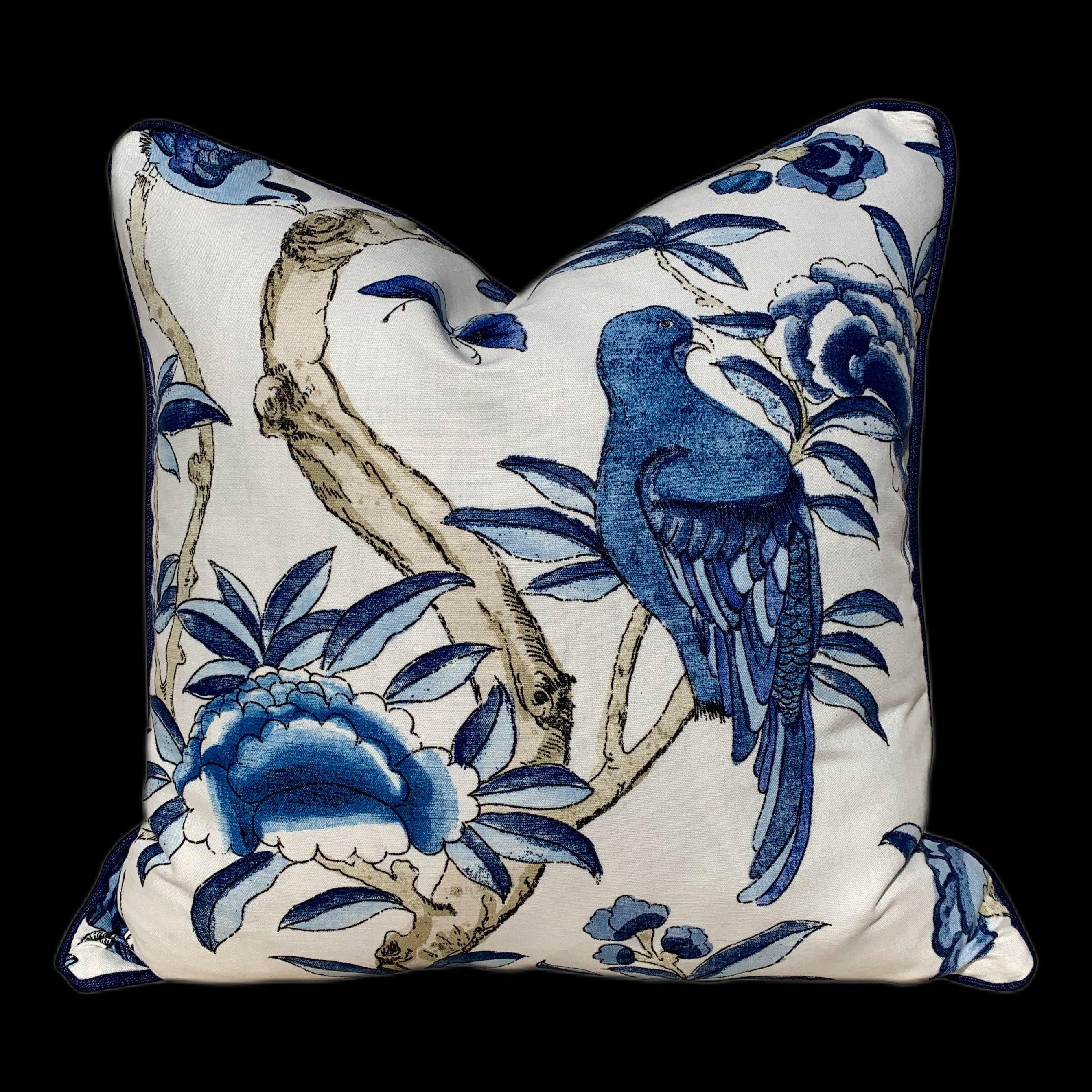 Thibaut Giselle Linen Pillow In Blue, Navy Pipping. Decorative Pillow Cover, Accent throw cushion, Designer Pillow, Lumbar throw pillow