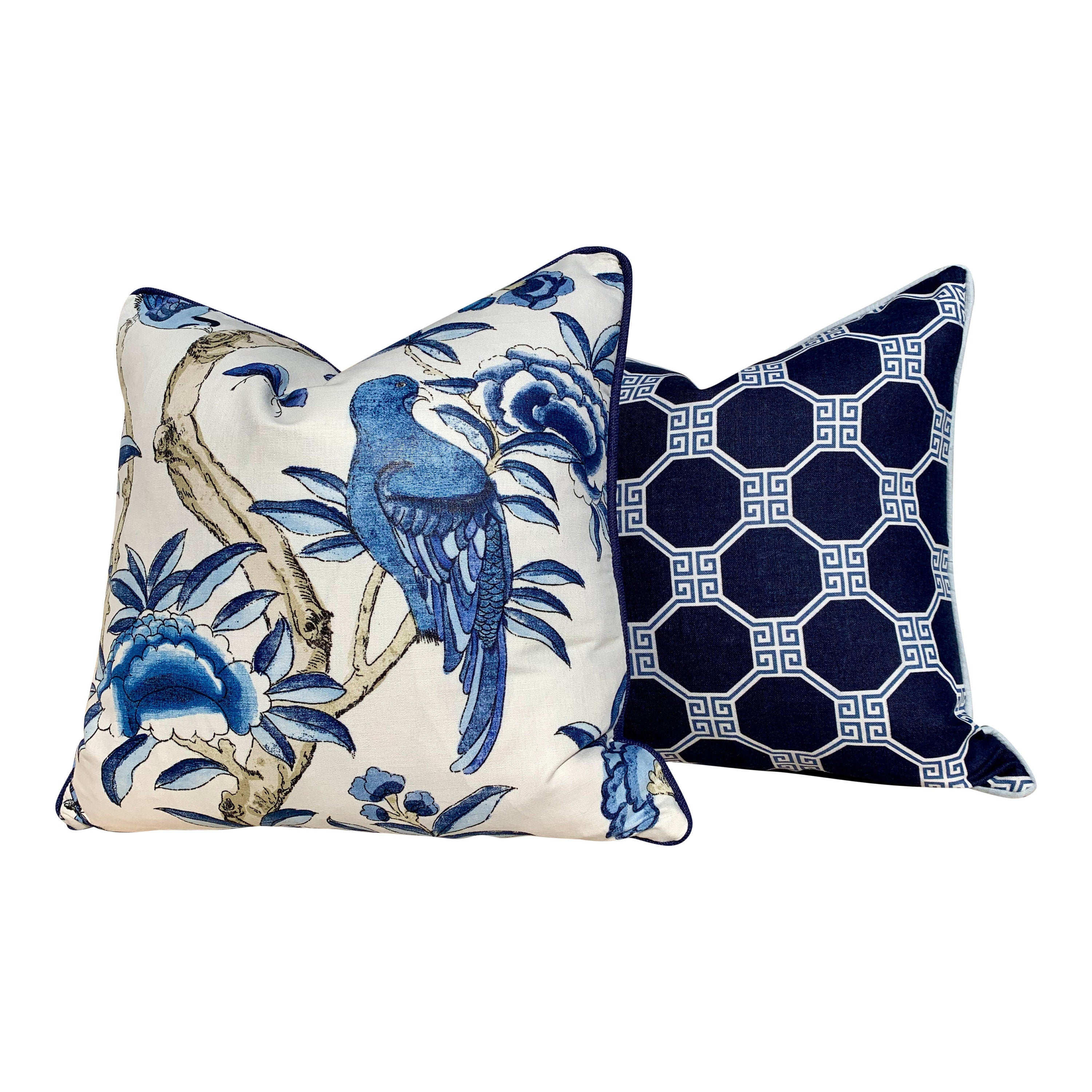 Thibaut Giselle Linen Pillow In Blue, Navy Pipping. Decorative Pillow Cover, Accent throw cushion, Designer Pillow, Lumbar throw pillow