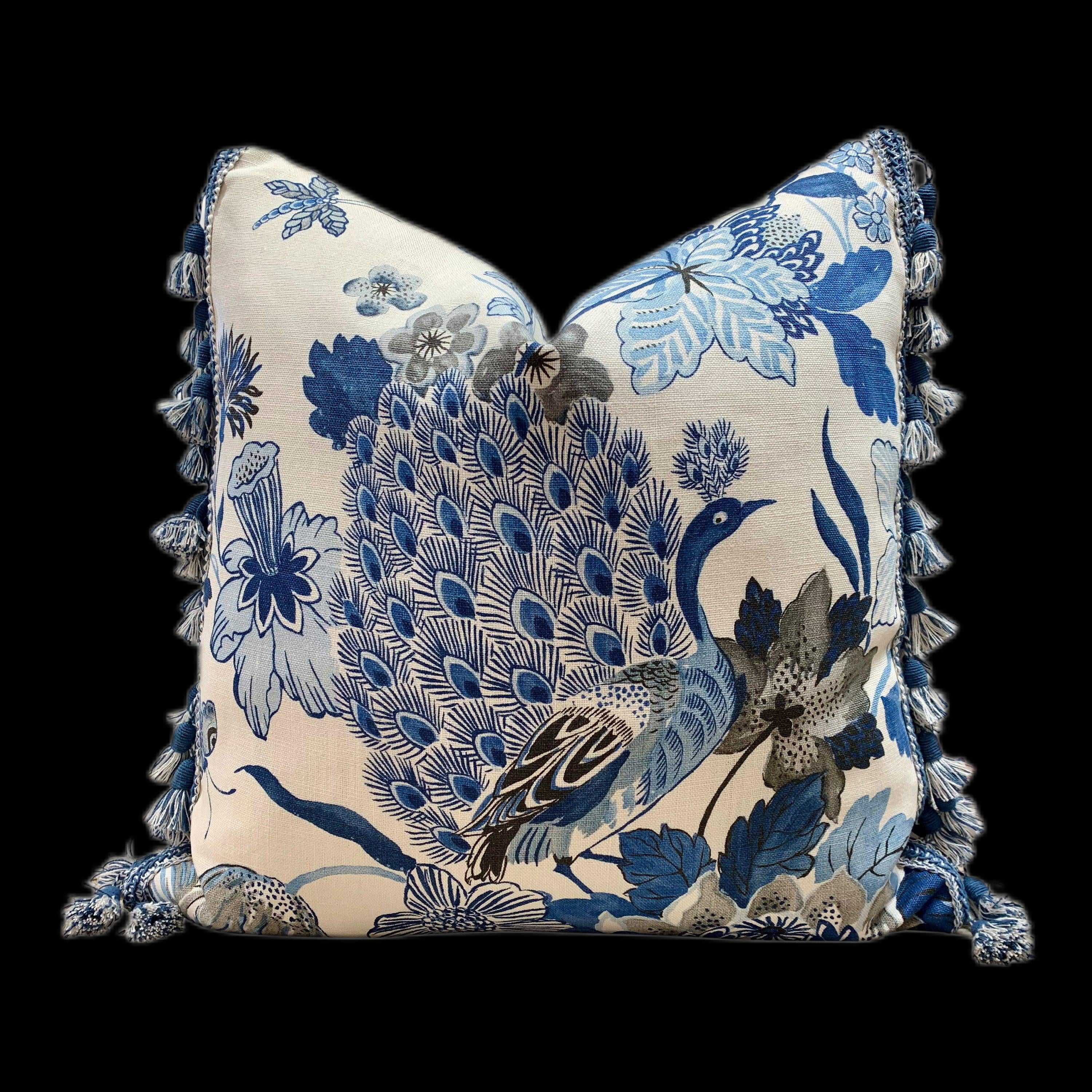 Schumacher Lansdale Bouquet Pillow, BlueTassel Trim. Lumbar Decorative Pillow, Designer pillows, accent cushion cover, bird pillow cover