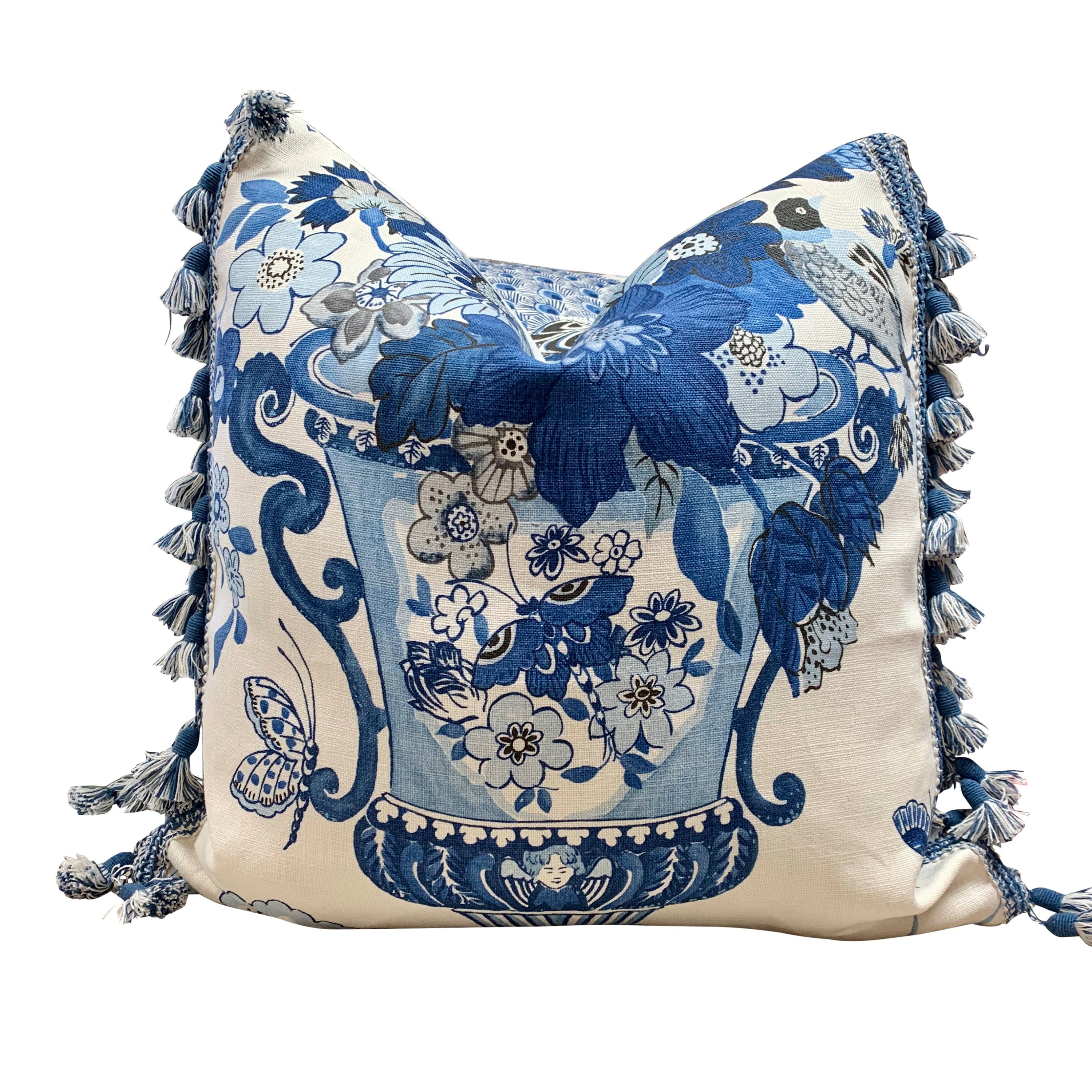 Schumacher Lansdale Bouquet Pillow Blue. Lumbar Decorative Pillow in Porcelain Blue and White, Designer high end floral pillow cover case