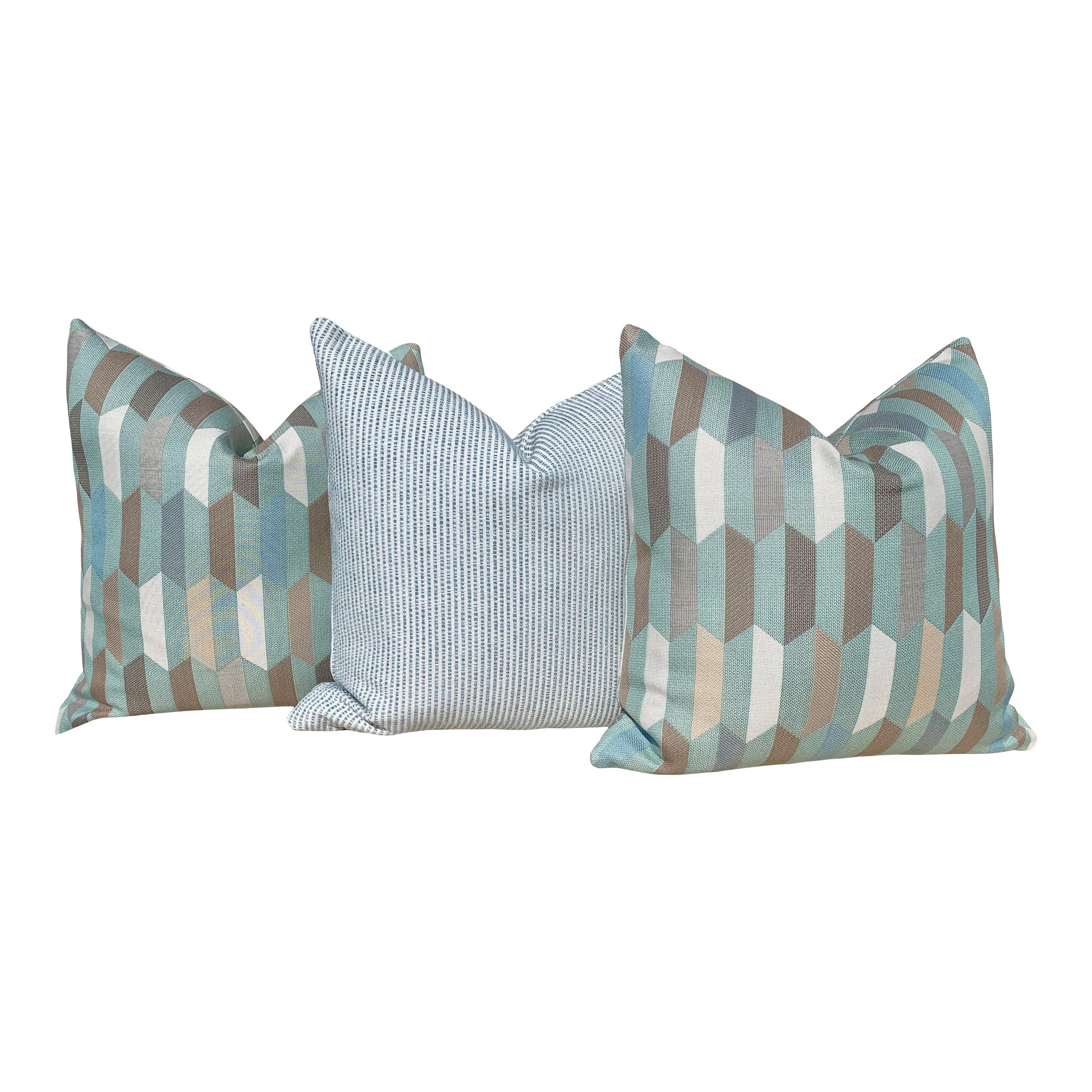 Sunbrella Geometric Outdoor Pillow in Aqua Green. Outdoor Lumbar Cushion Cover in Aqua, accent outdoor pillow, decorative cushion.