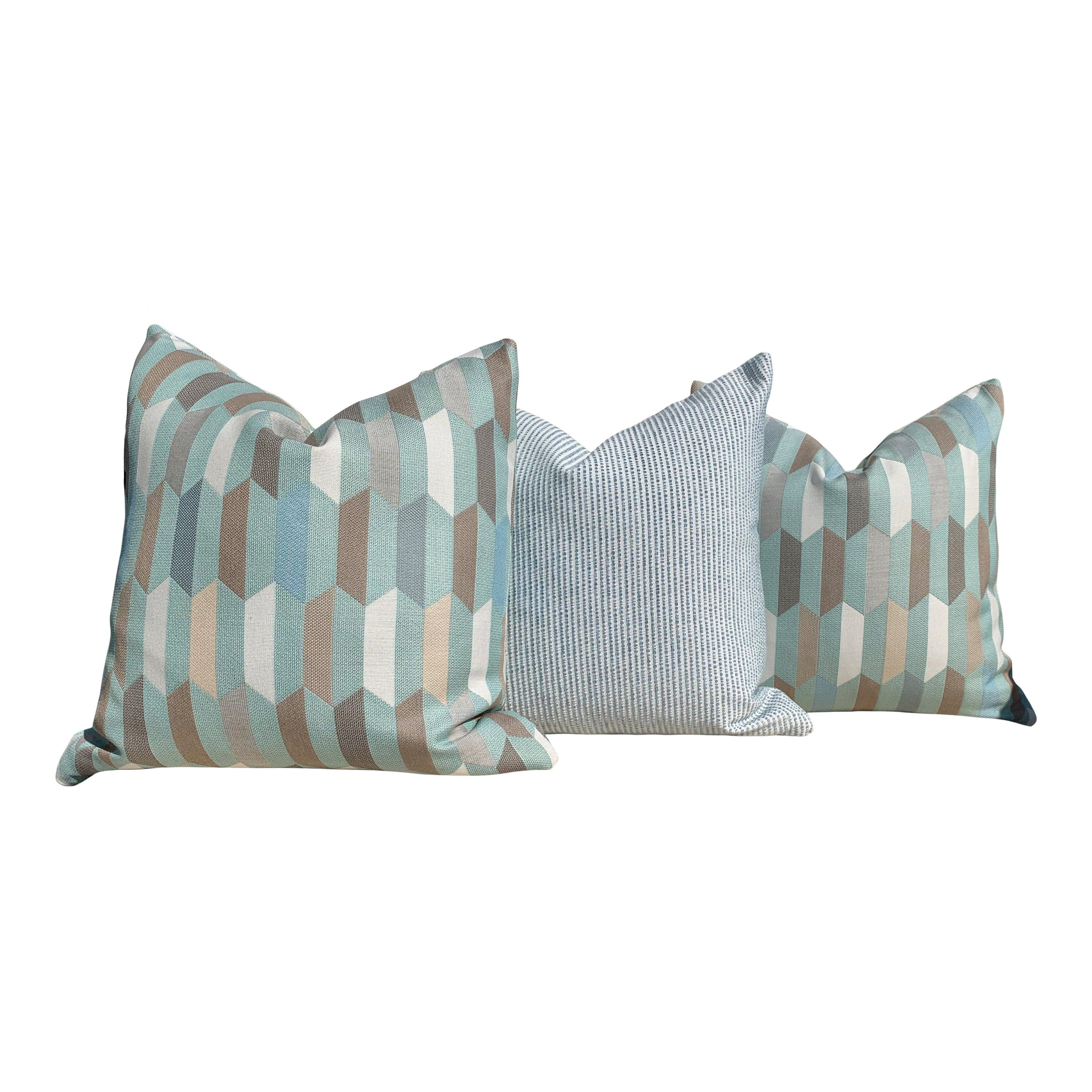 Sunbrella Geometric Outdoor Pillow in Aqua Green. Outdoor Lumbar Cushion Cover in Aqua, accent outdoor pillow, decorative cushion.