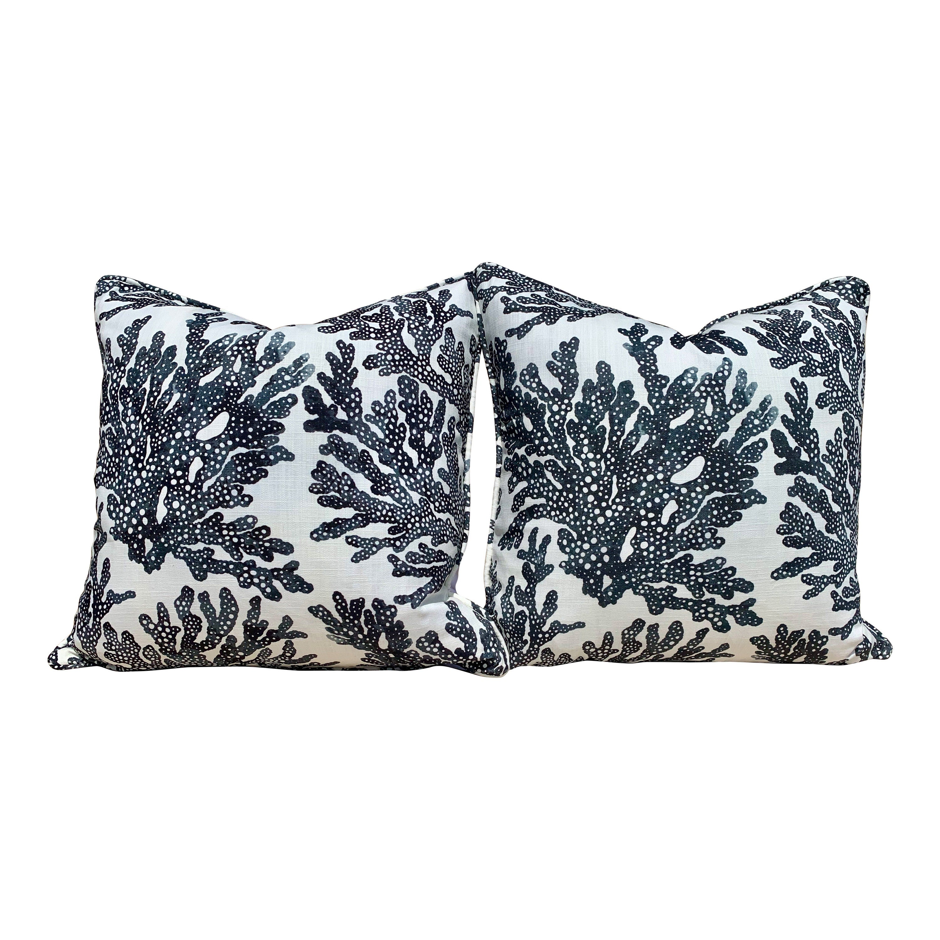 Thibaut Marine Coral Pillow in Charcoal. Lumbar Coastal Pillow. Designer Black and White Cushion Cover, Lumbar Pillow Throw with Pipping