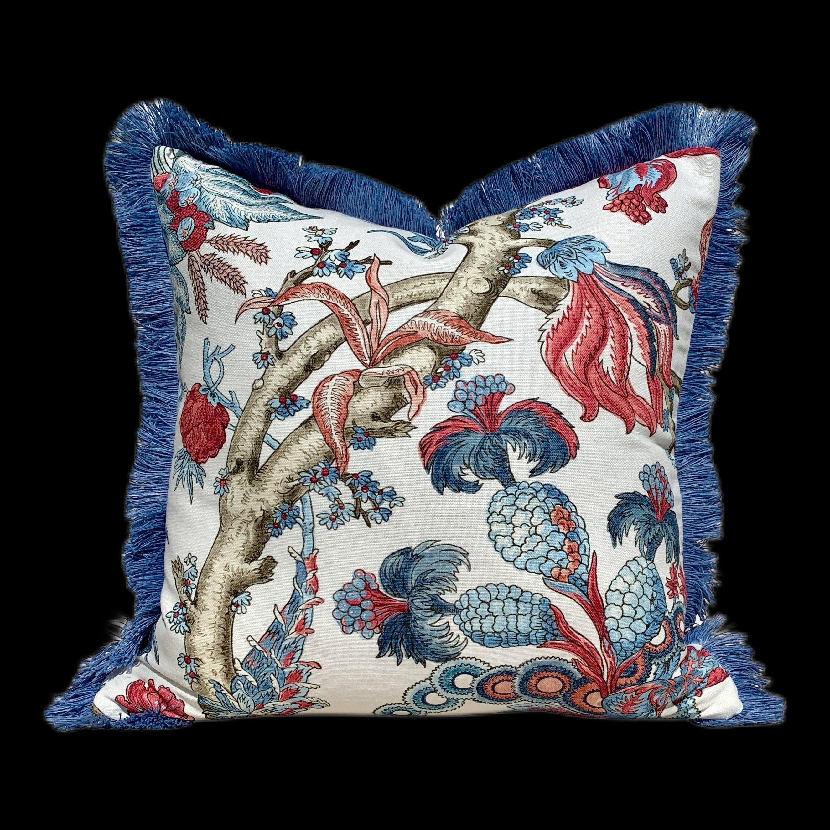 Thibaut Chatelain Pillow Cover in Blue and Red, Blue Brush Fringe. Designer Pillow Cover, Accent lumbar pillow