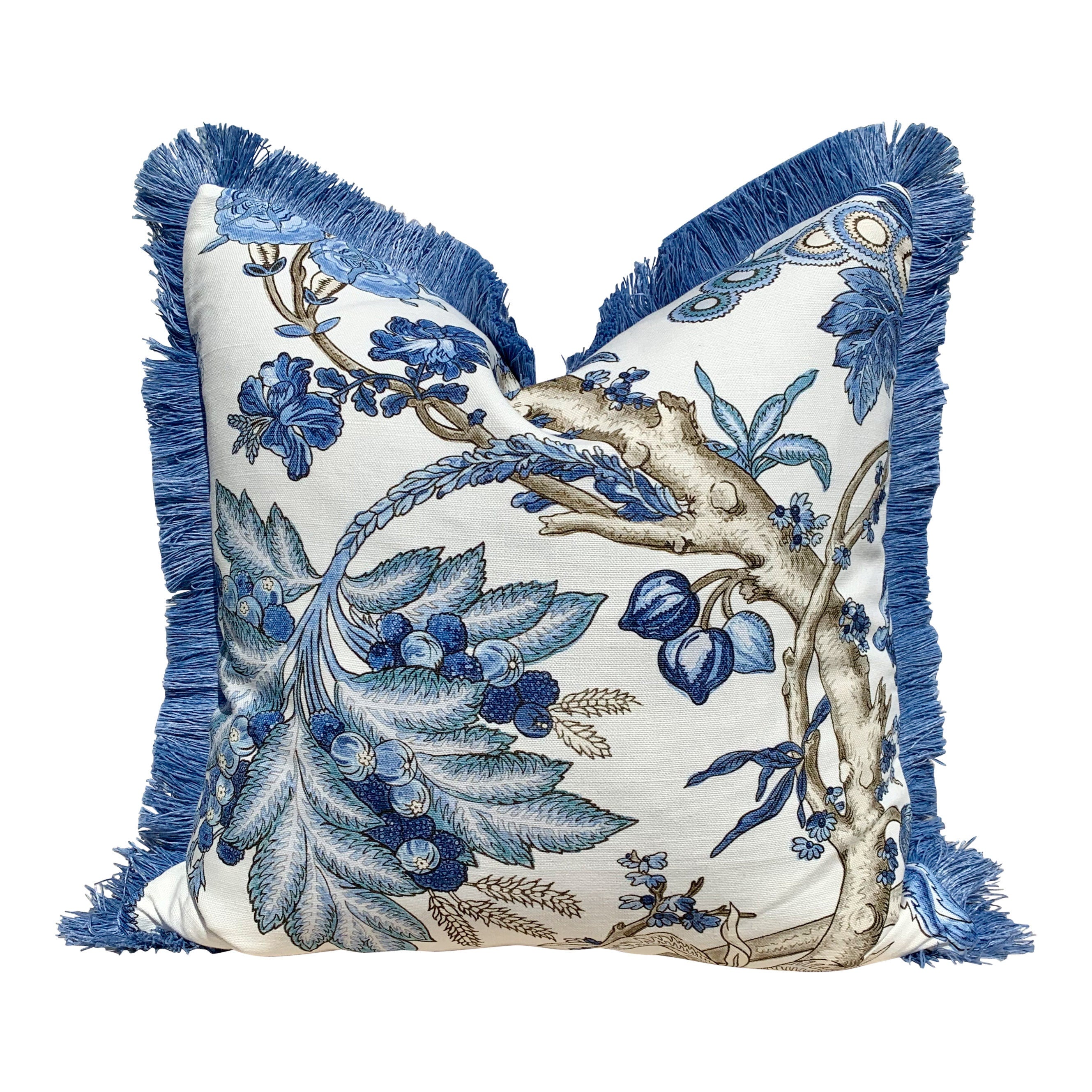 Chatelain French Blue Pillow , Brush Fringe. Floral French Country Blue and White Pillow Cover, Decorative Lumbar Cushion Euro Sham 26x26