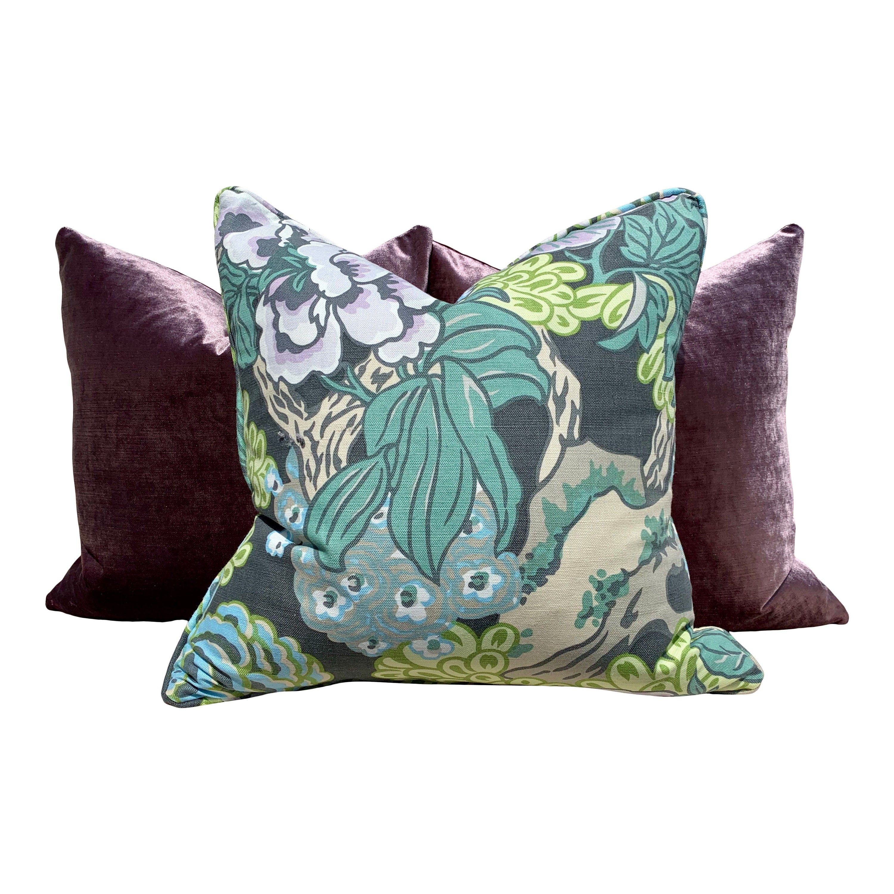 Thibaut Honshu Pillow in Gray and Lilac. Chinoiserie Floral Pillow. Lumbar Pillow. Designer pillow, accent pillow cover, high end cushion