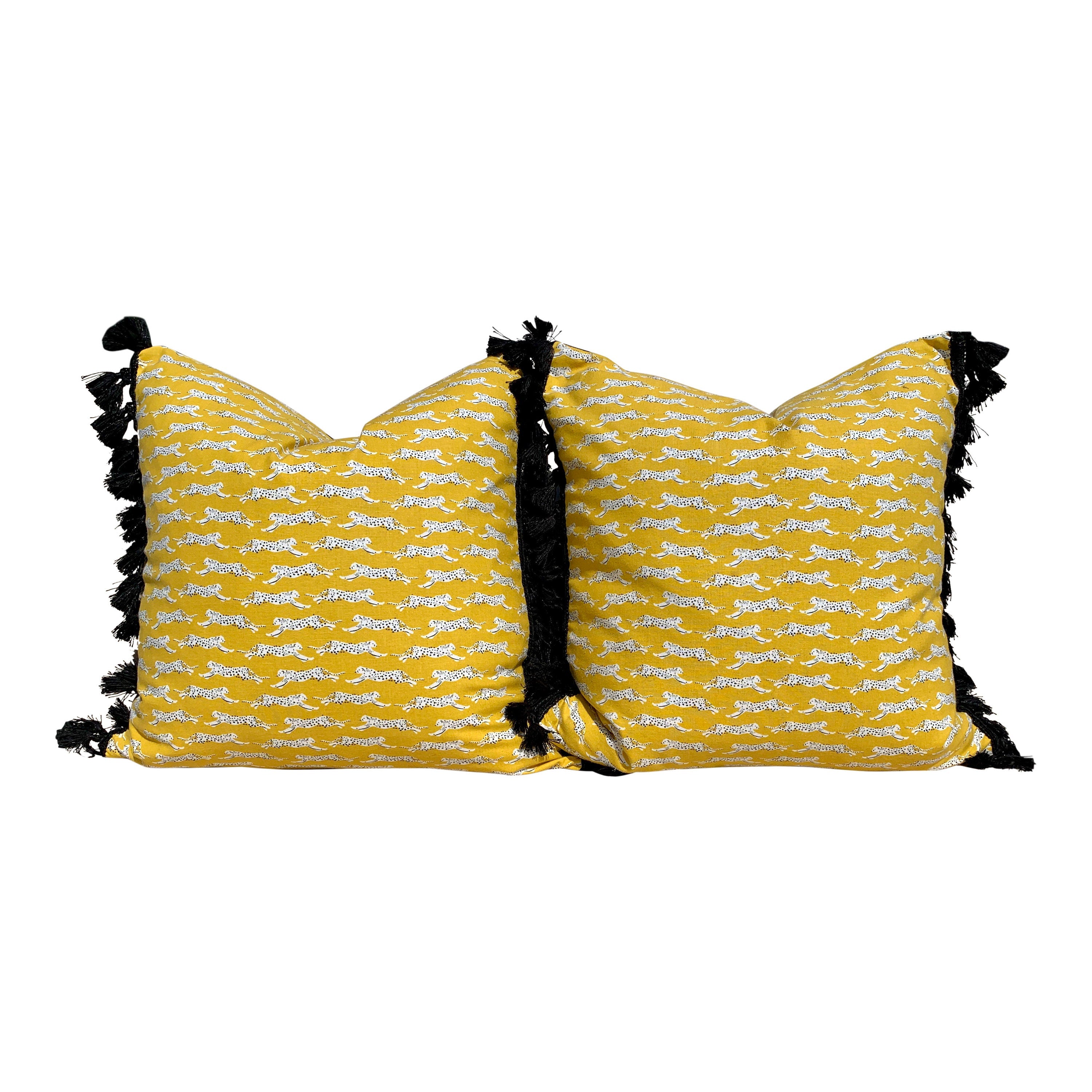 Schumacher Leaping Leopards Pillow in Yellow with Black Tassels. Designer pillows, accent cushion cover, decorative pillow, high end pillow