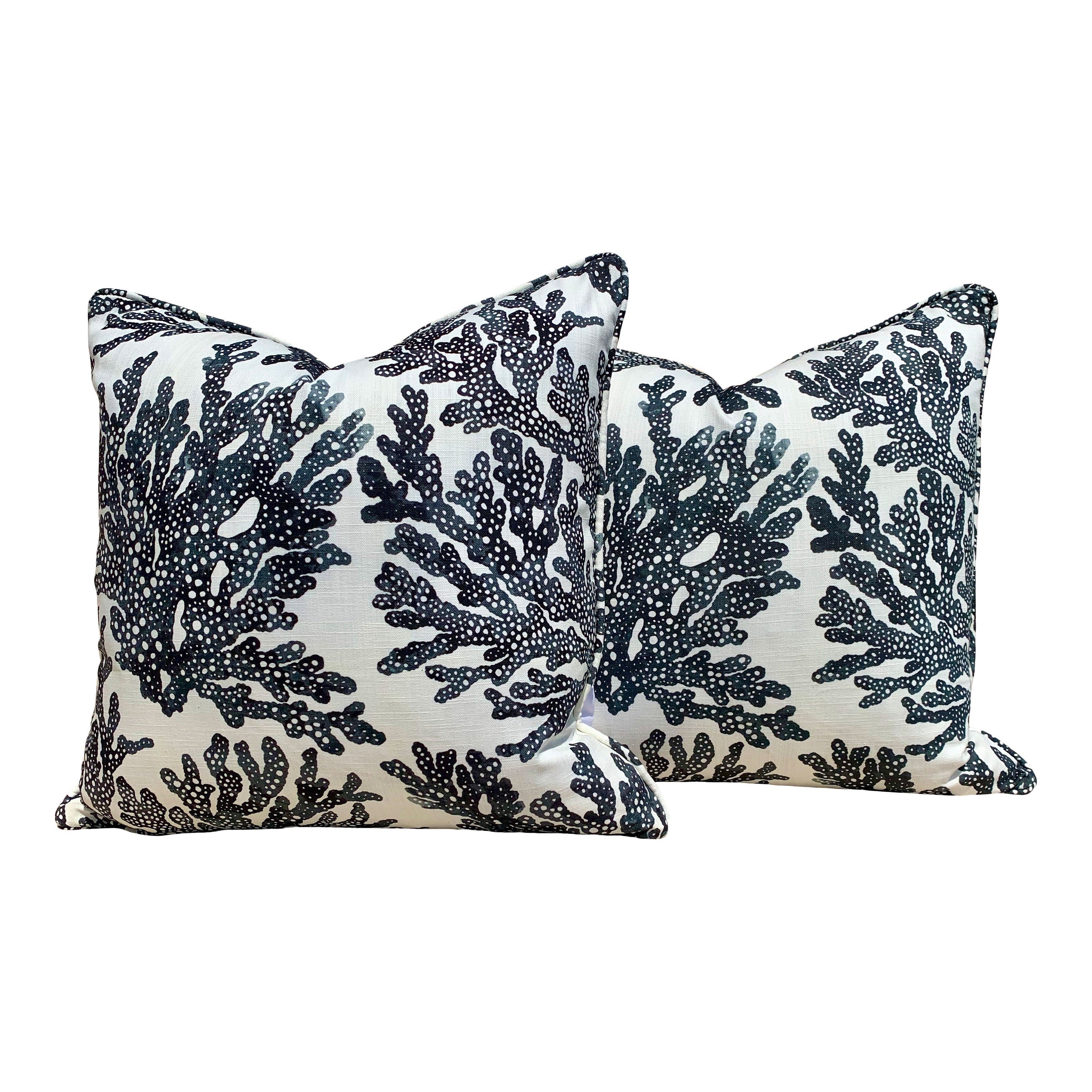 Thibaut Marine Coral Pillow in Charcoal. Lumbar Coastal Pillow. Designer Black and White Cushion Cover, Lumbar Pillow Throw with Pipping