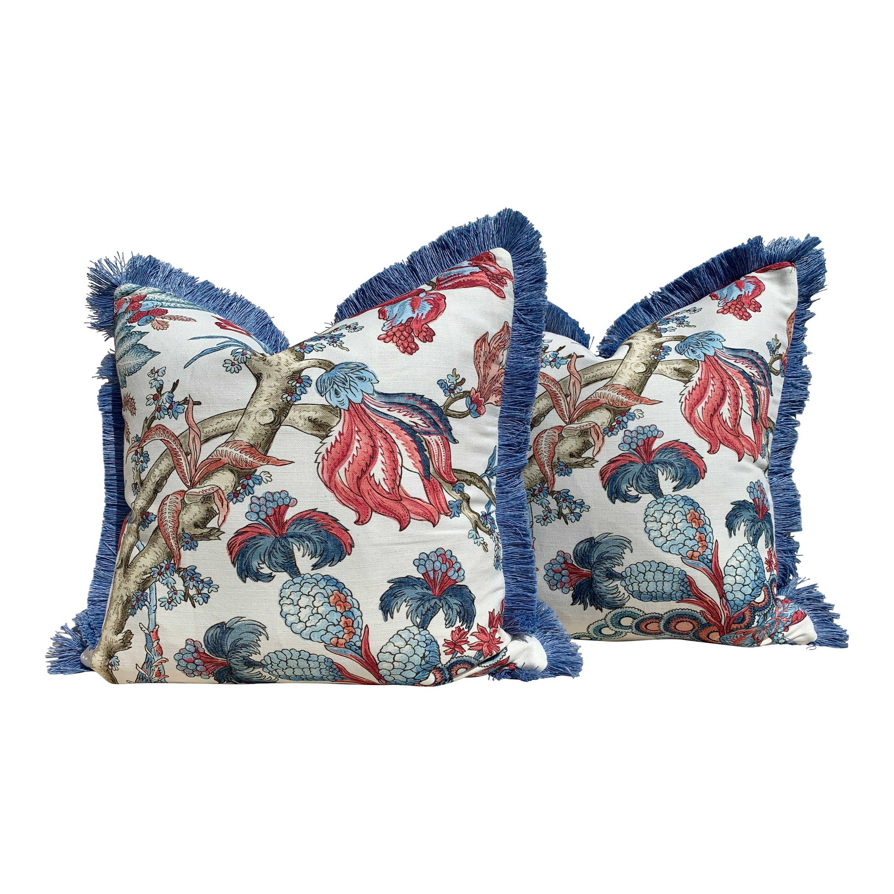 Thibaut Chatelain Pillow Cover in Blue and Red, Blue Brush Fringe. Designer Pillow Cover, Accent lumbar pillow